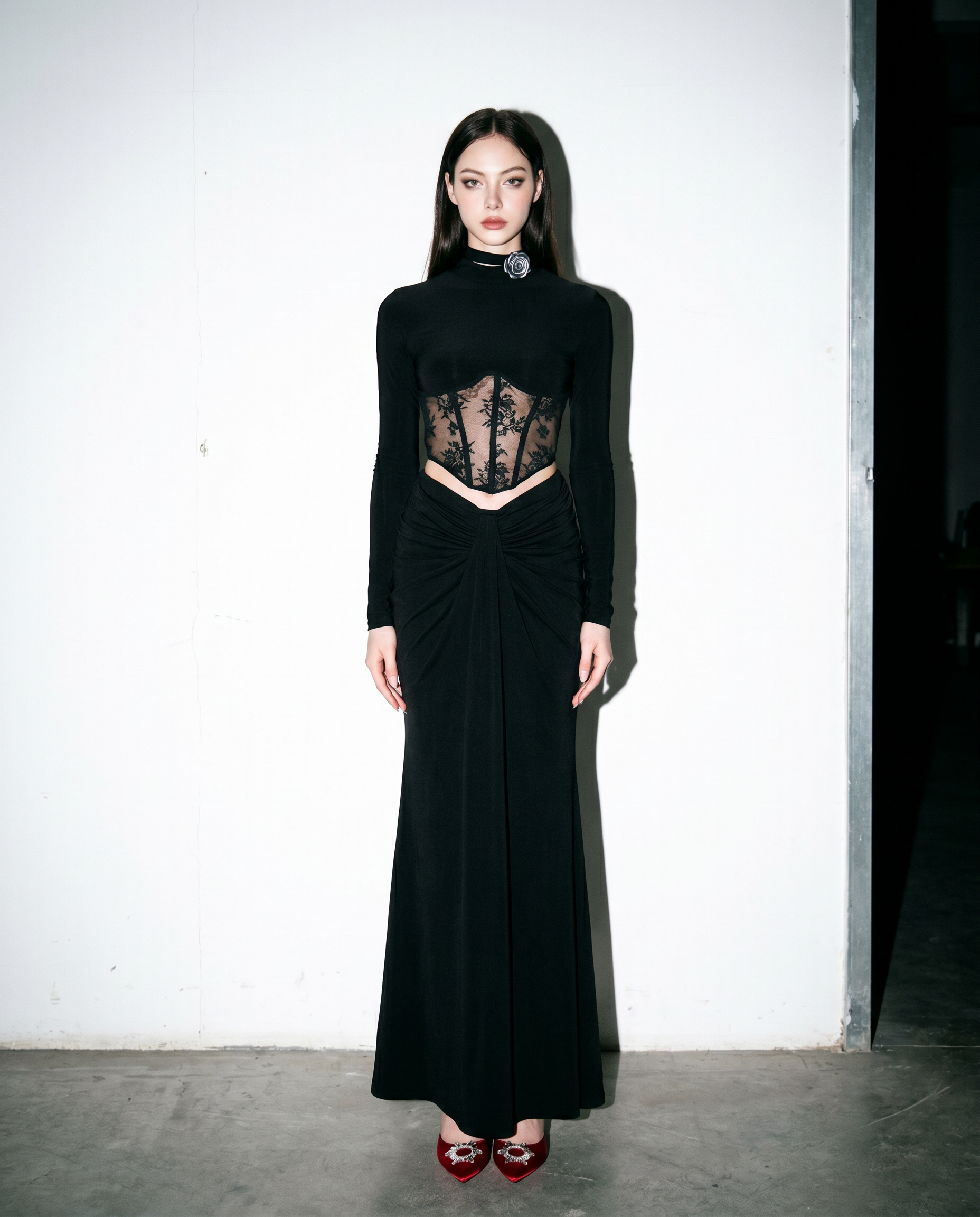 Lace Mesh Mock Neck Corset Long Sleeve Top