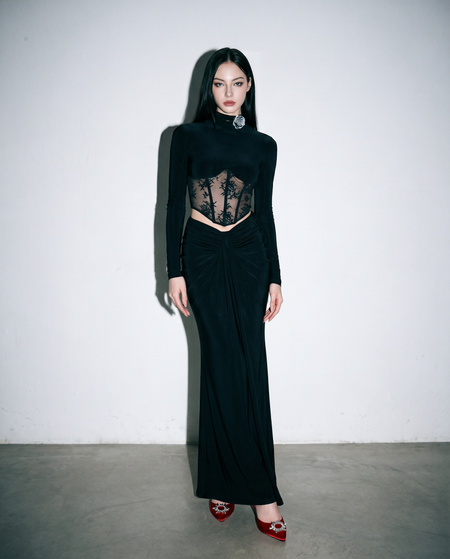 Lace Mesh Mock Neck Corset Long Sleeve Top