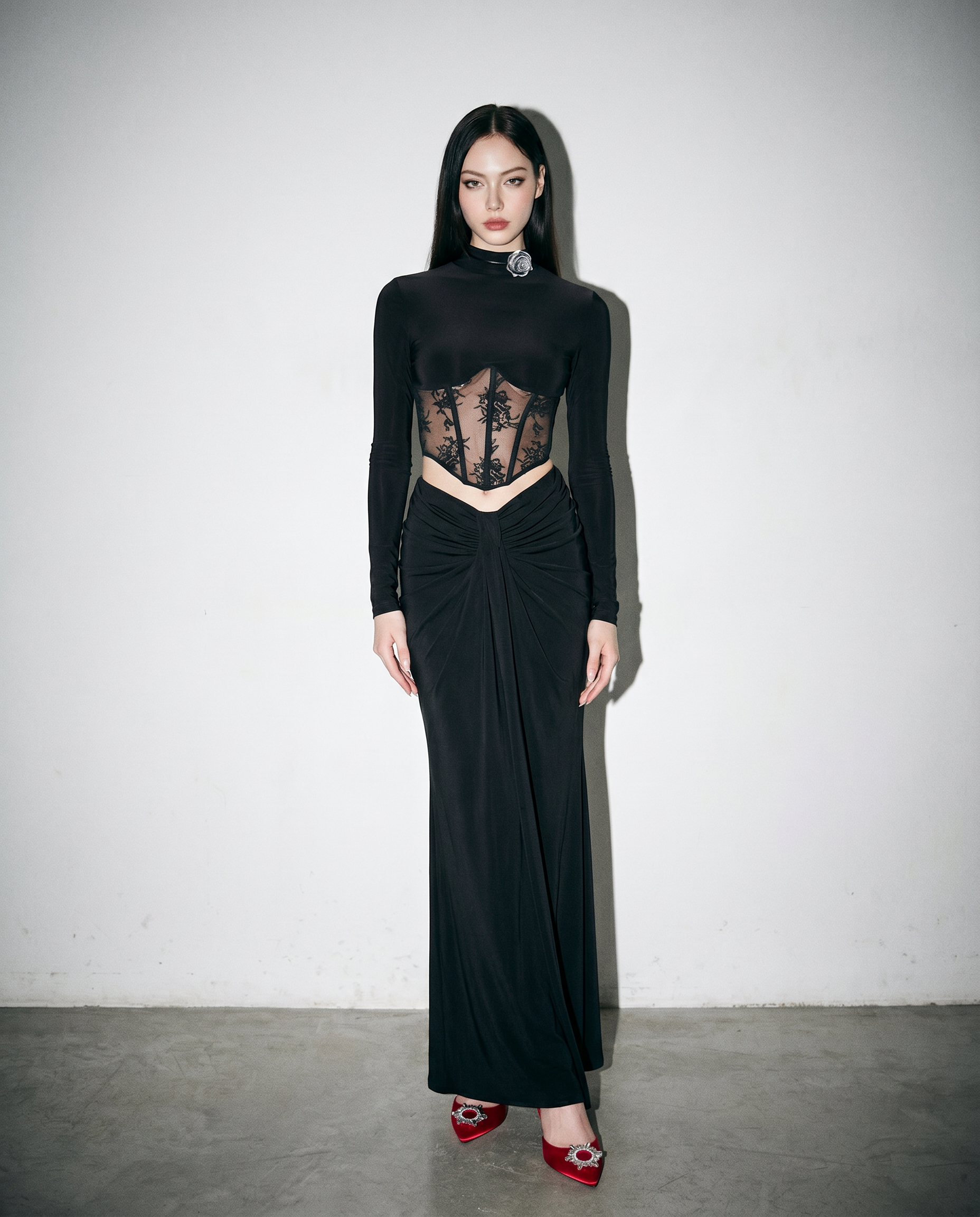 Lace Mesh Mock Neck Corset Long Sleeve Top-3