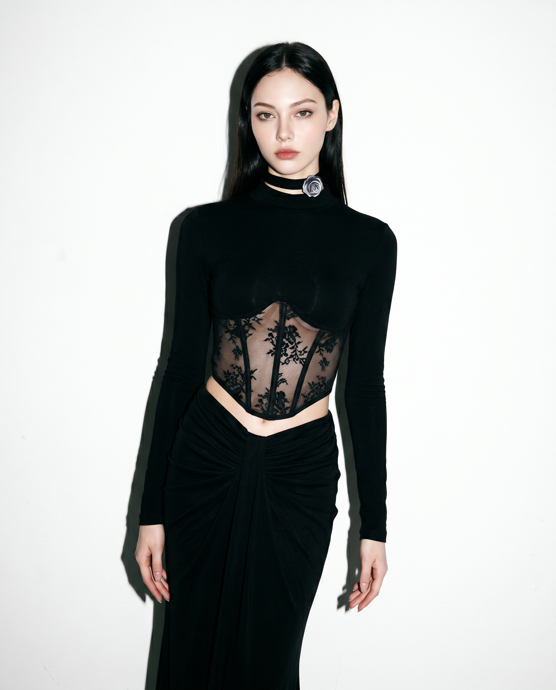 Lace Mesh Mock Neck Corset Long Sleeve Top-4