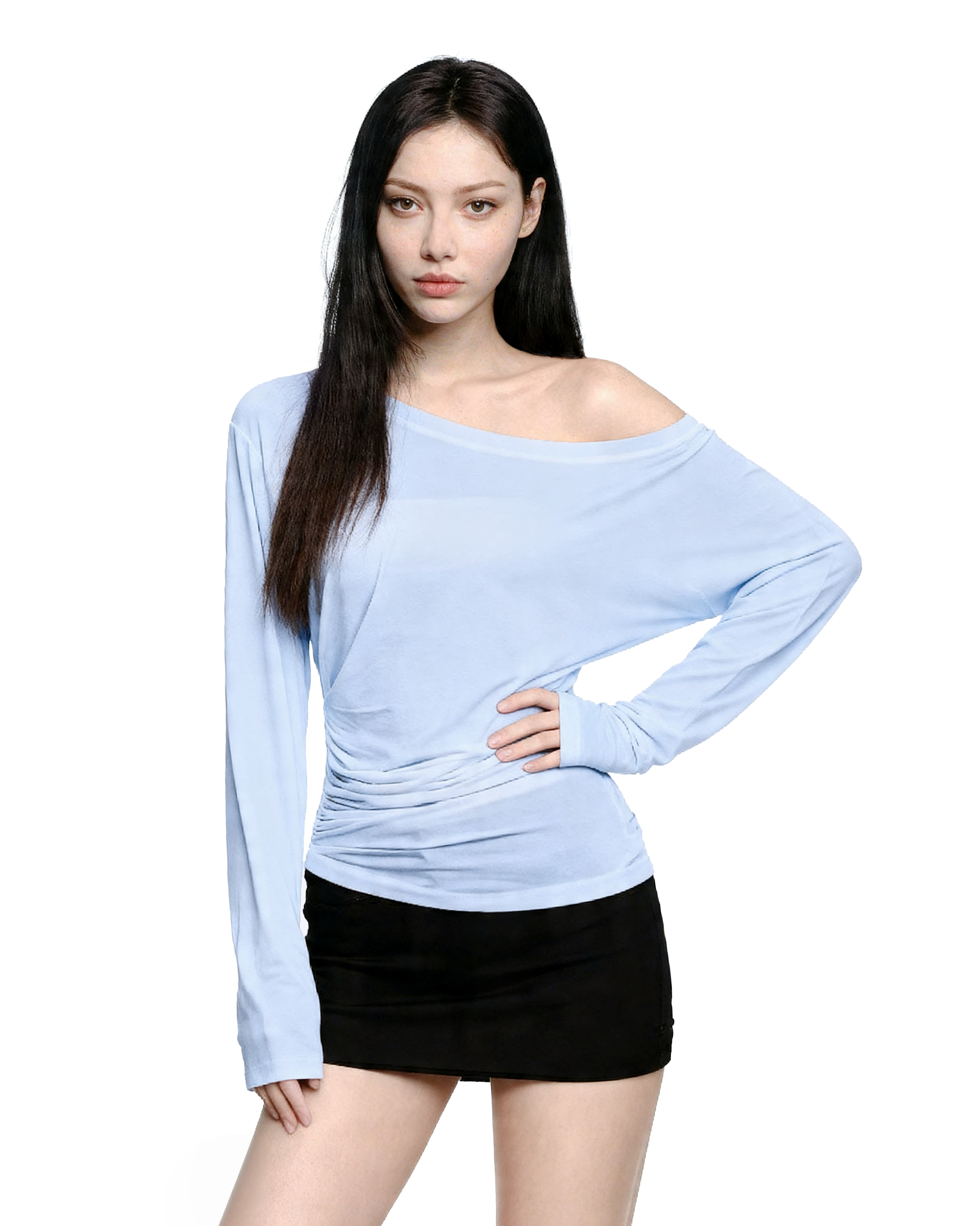Asymmetric Off Shoulder Ruched Long Sleeve Top-5