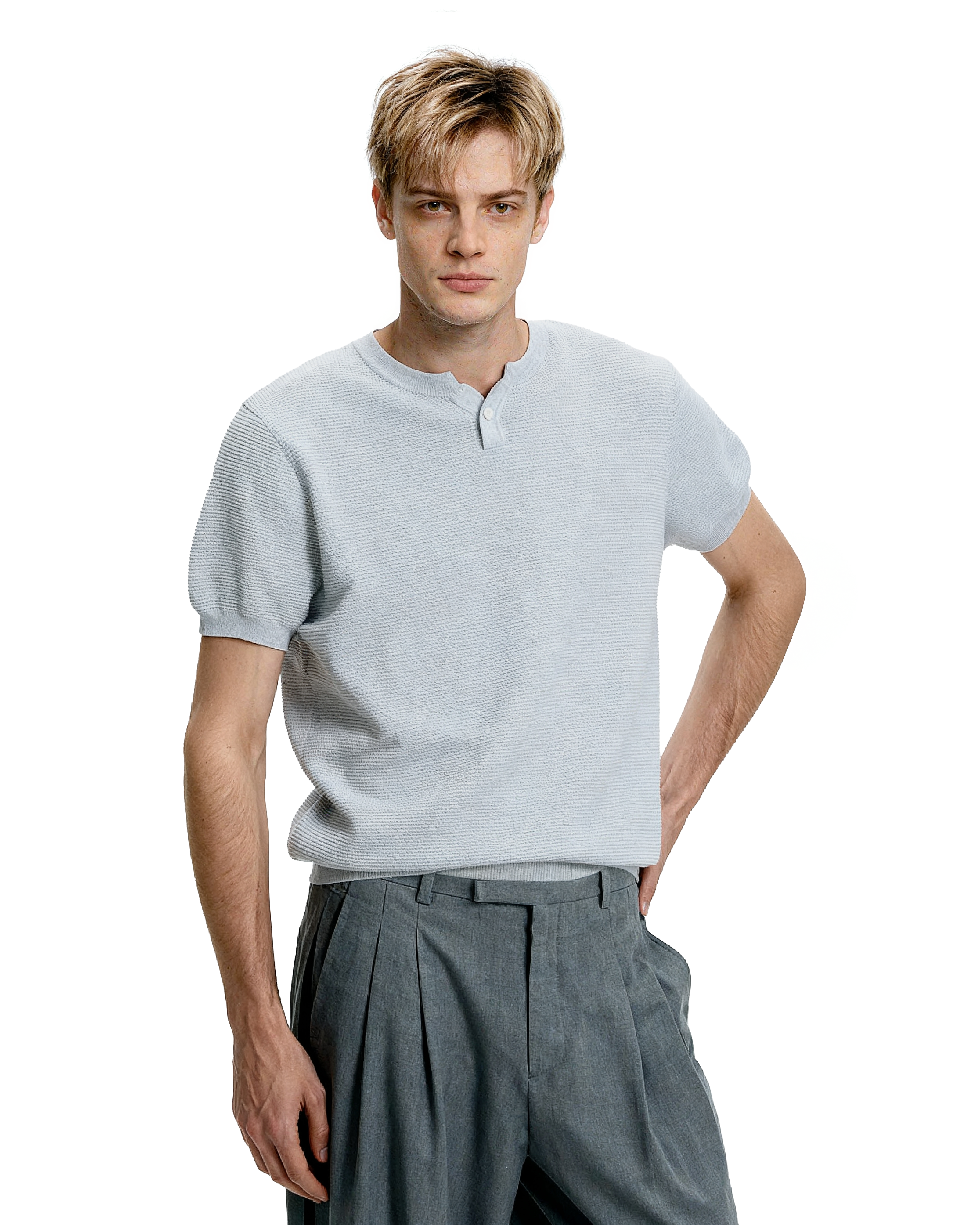 Waffle Textured Short Sleeve Henley Knit Lightweight Top - nightcity clothing
