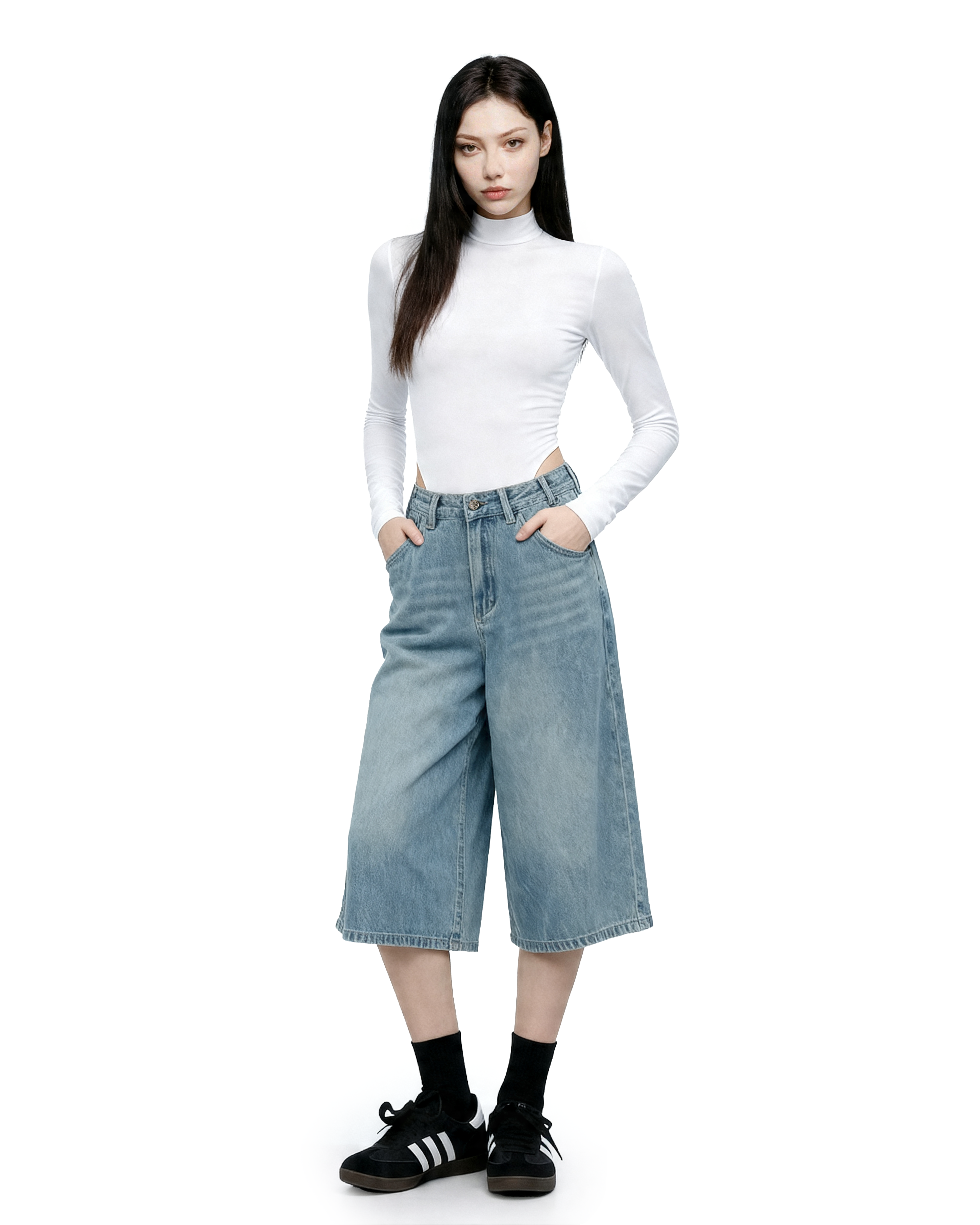 Denim Culotte Capri Shorts with Back Pocket Detail-10