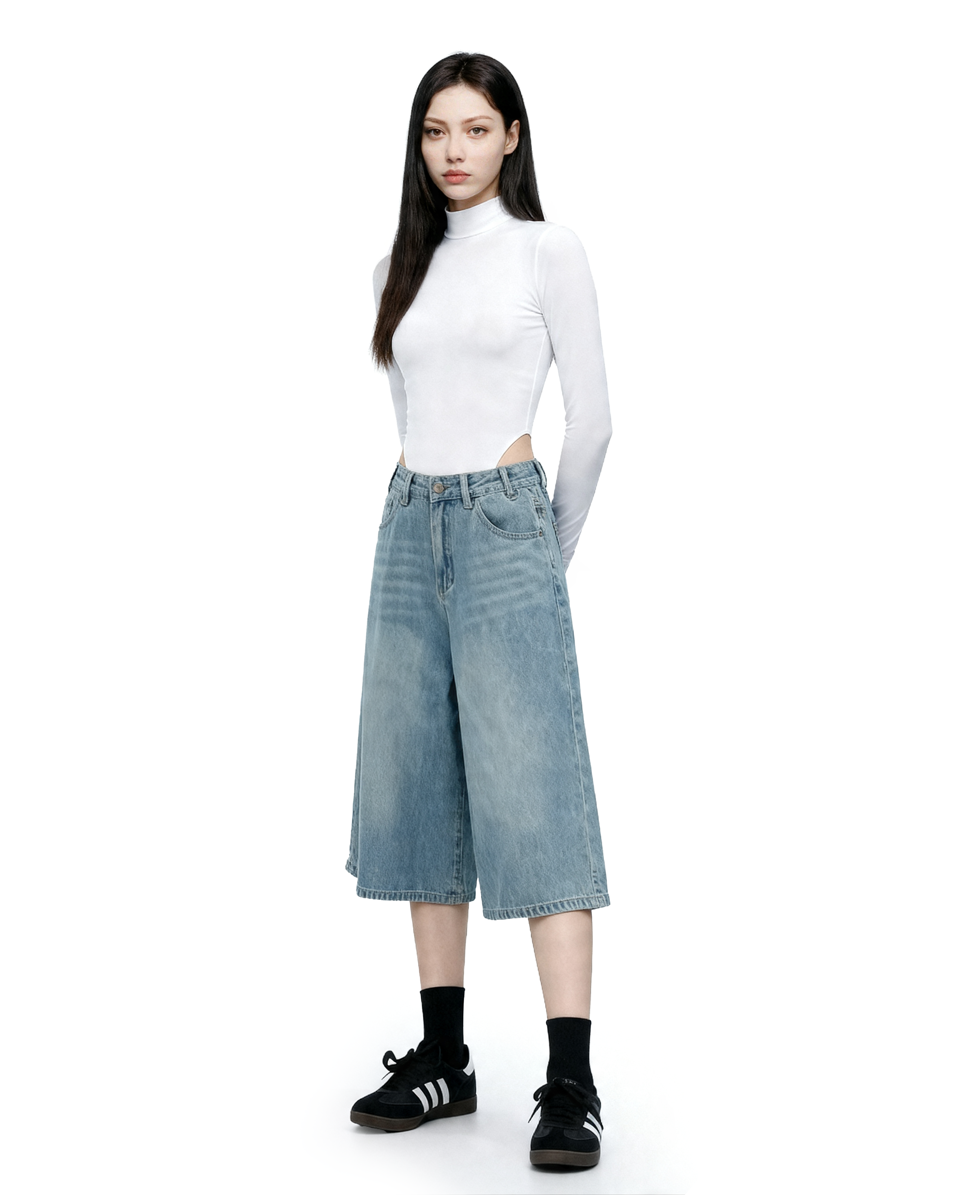 Denim Culotte Capri Shorts with Back Pocket Detail-9