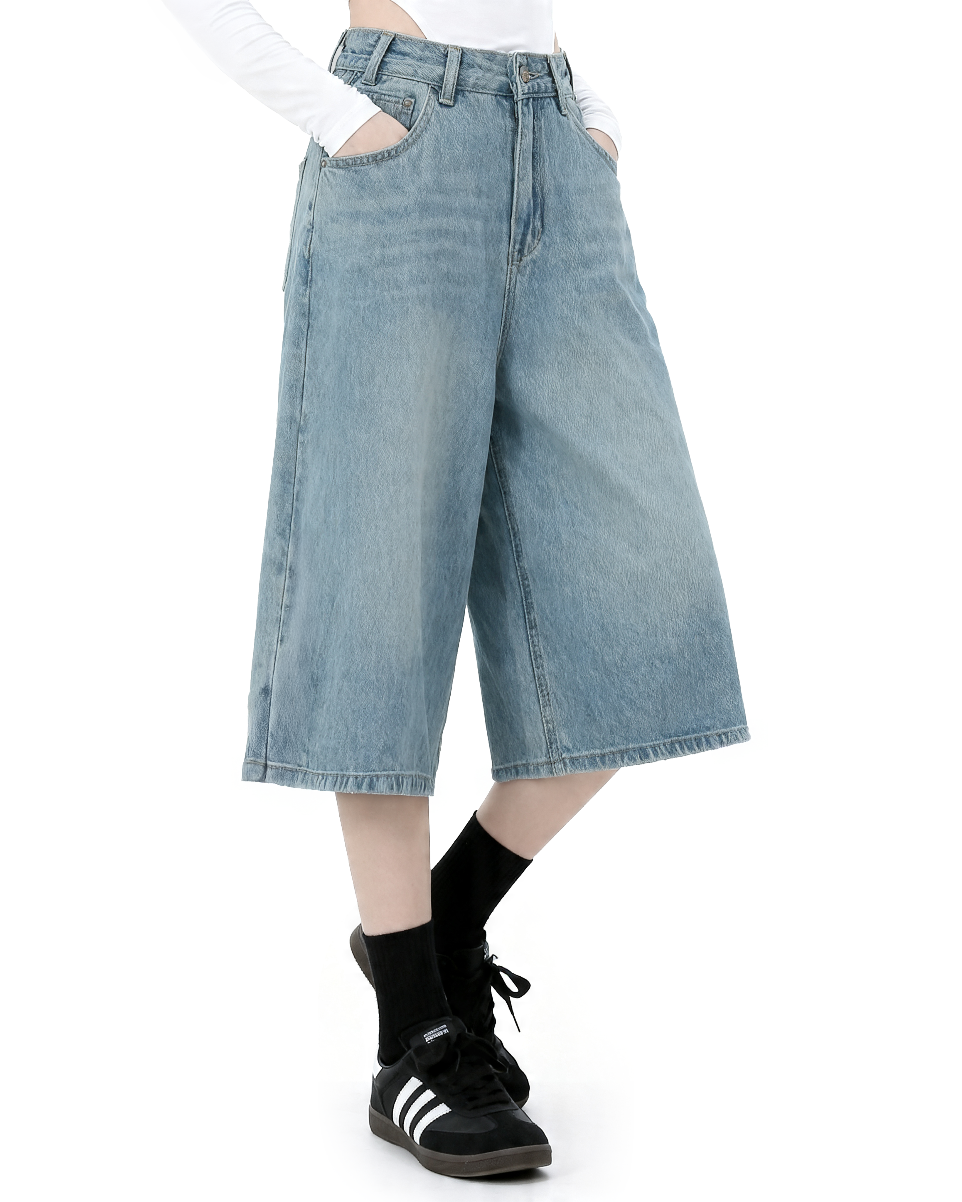Denim Culotte Capri Shorts with Back Pocket Detail-8