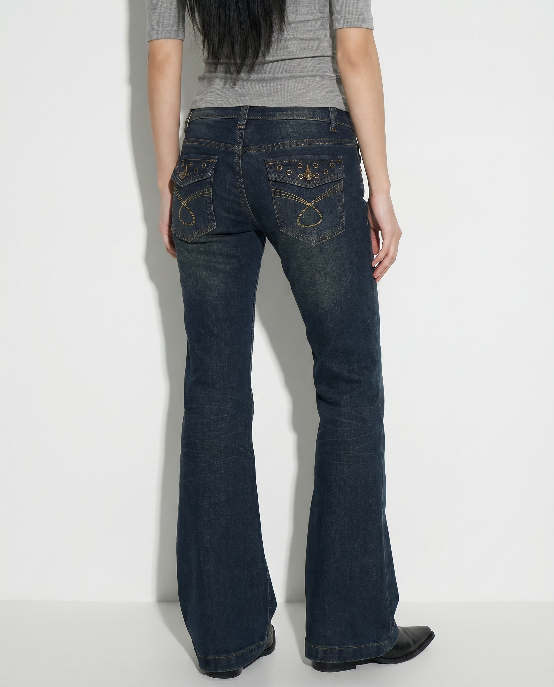 Low Rise Flare Jeans with Eyelet Detail-3