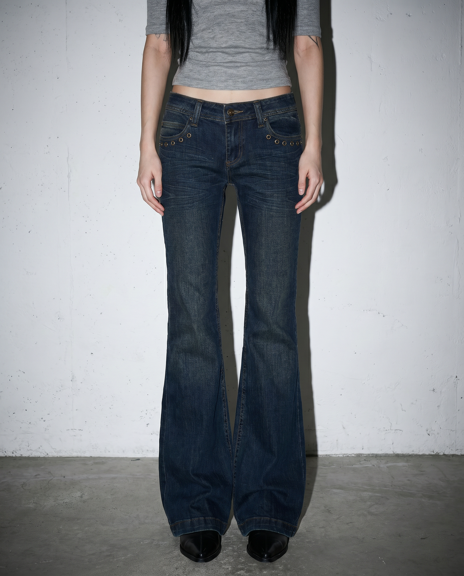 Low Rise Flare Jeans with Eyelet Detail-2