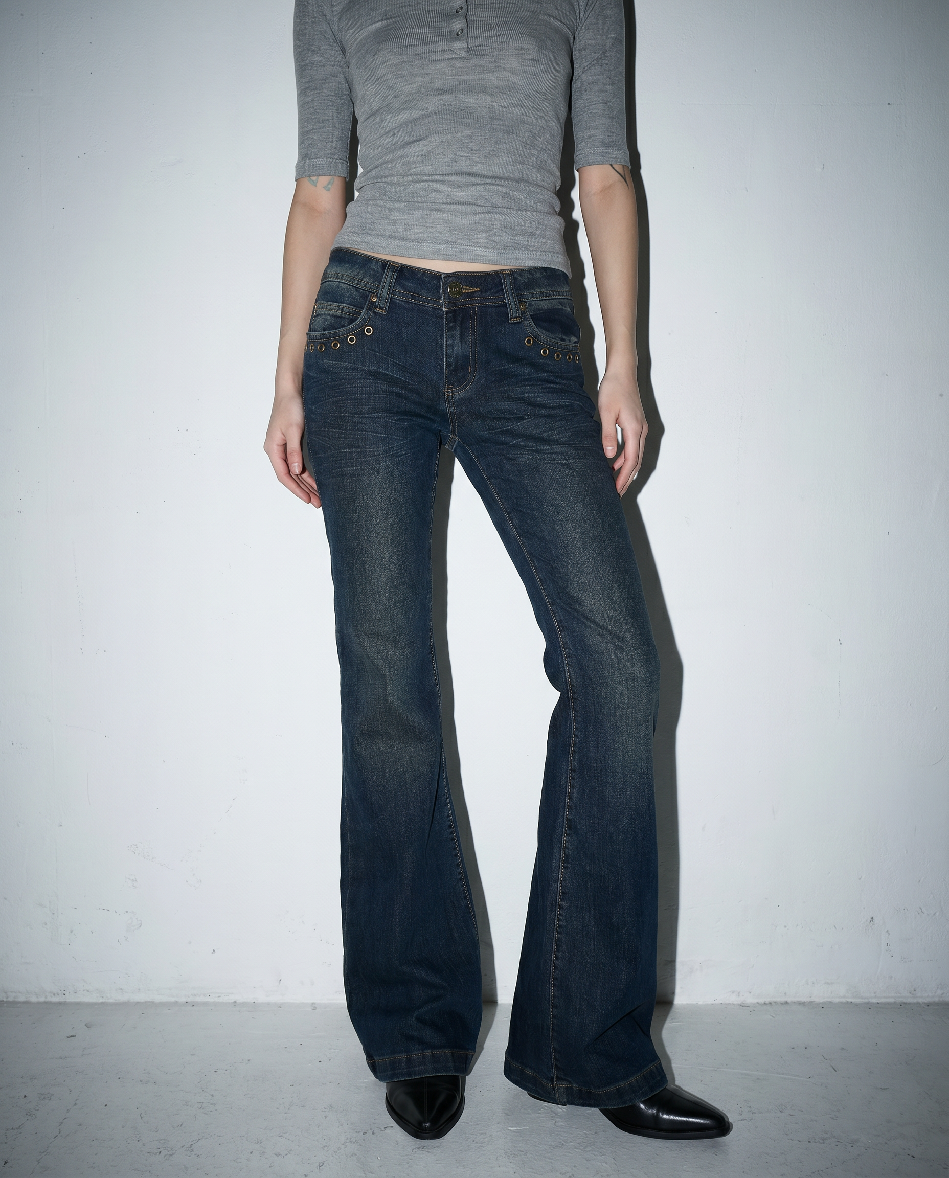 Low Rise Flare Jeans with Eyelet Detail-1
