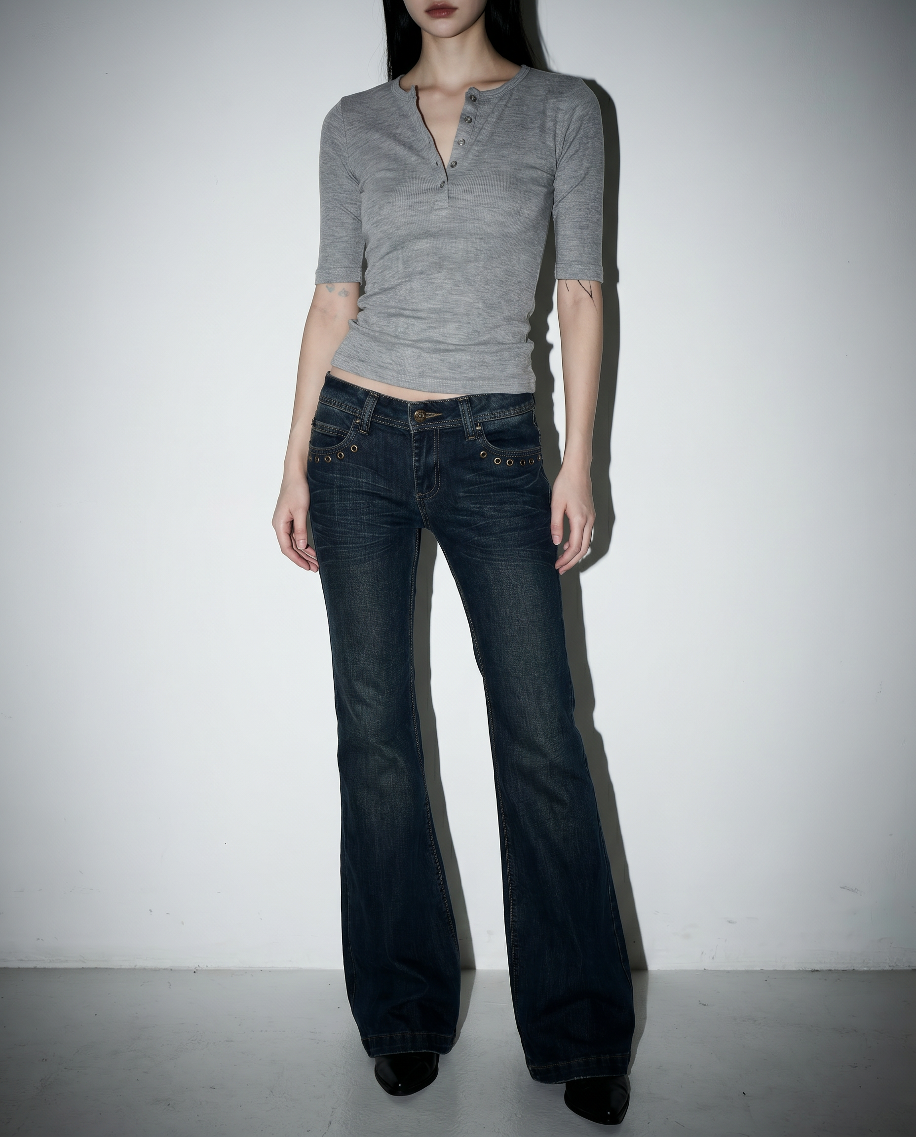 Low Rise Flare Jeans with Eyelet Detail-4