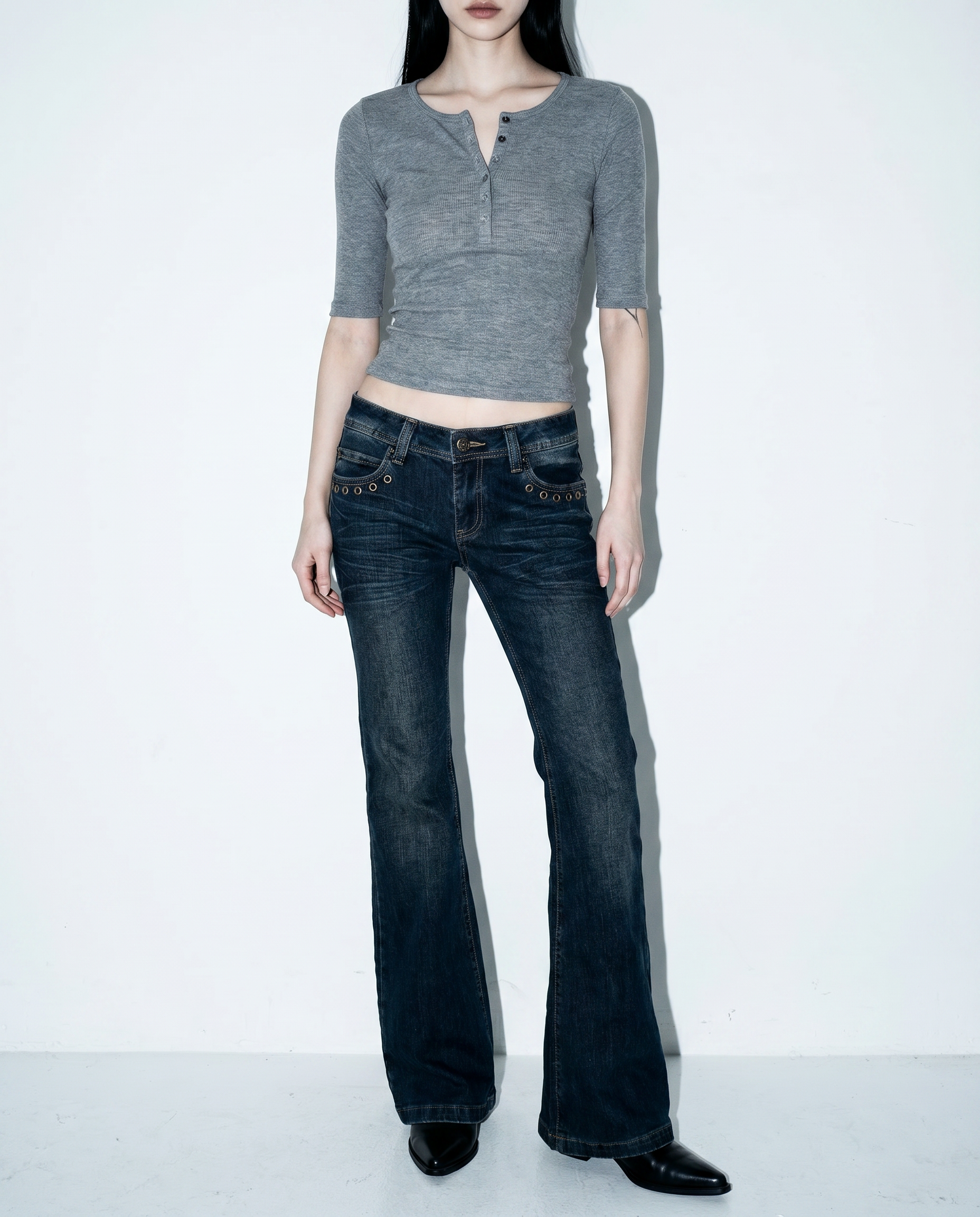 Low Rise Flare Jeans with Eyelet Detail-5