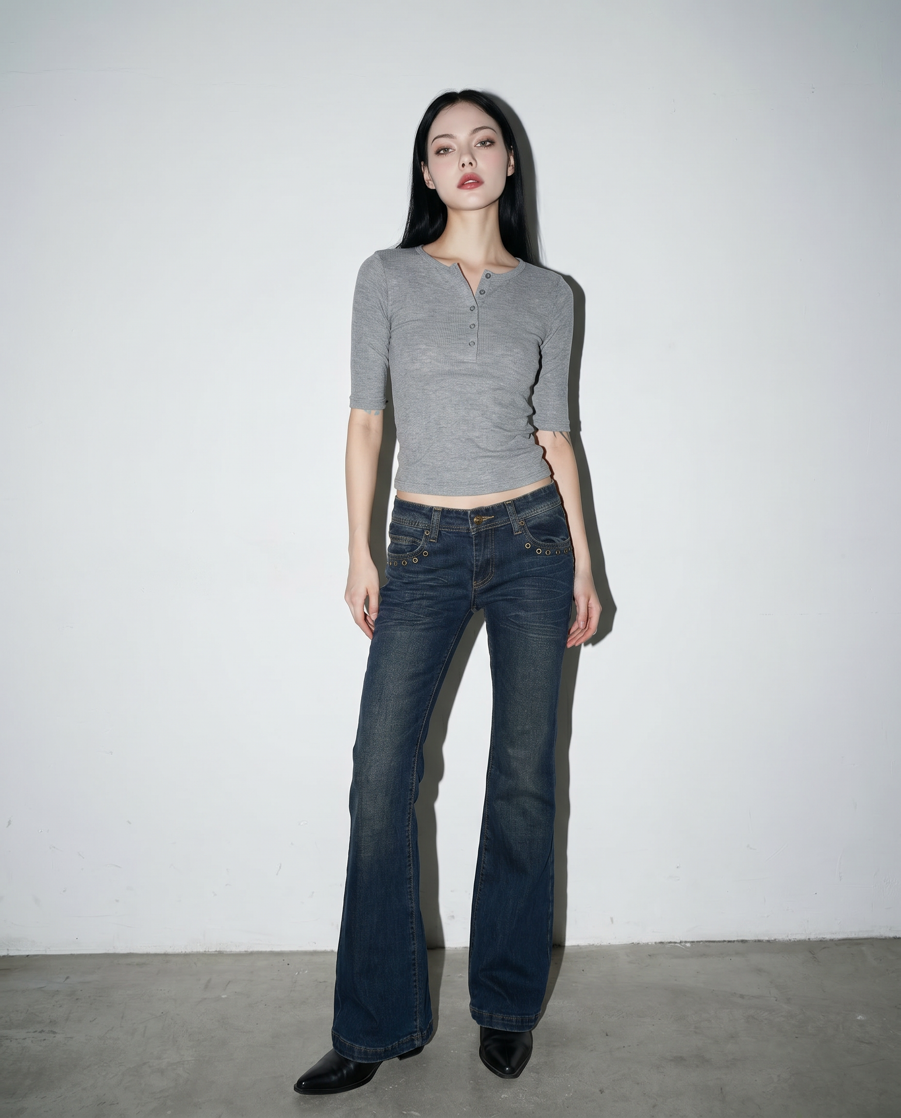 Low Rise Flare Jeans with Eyelet Detail-6