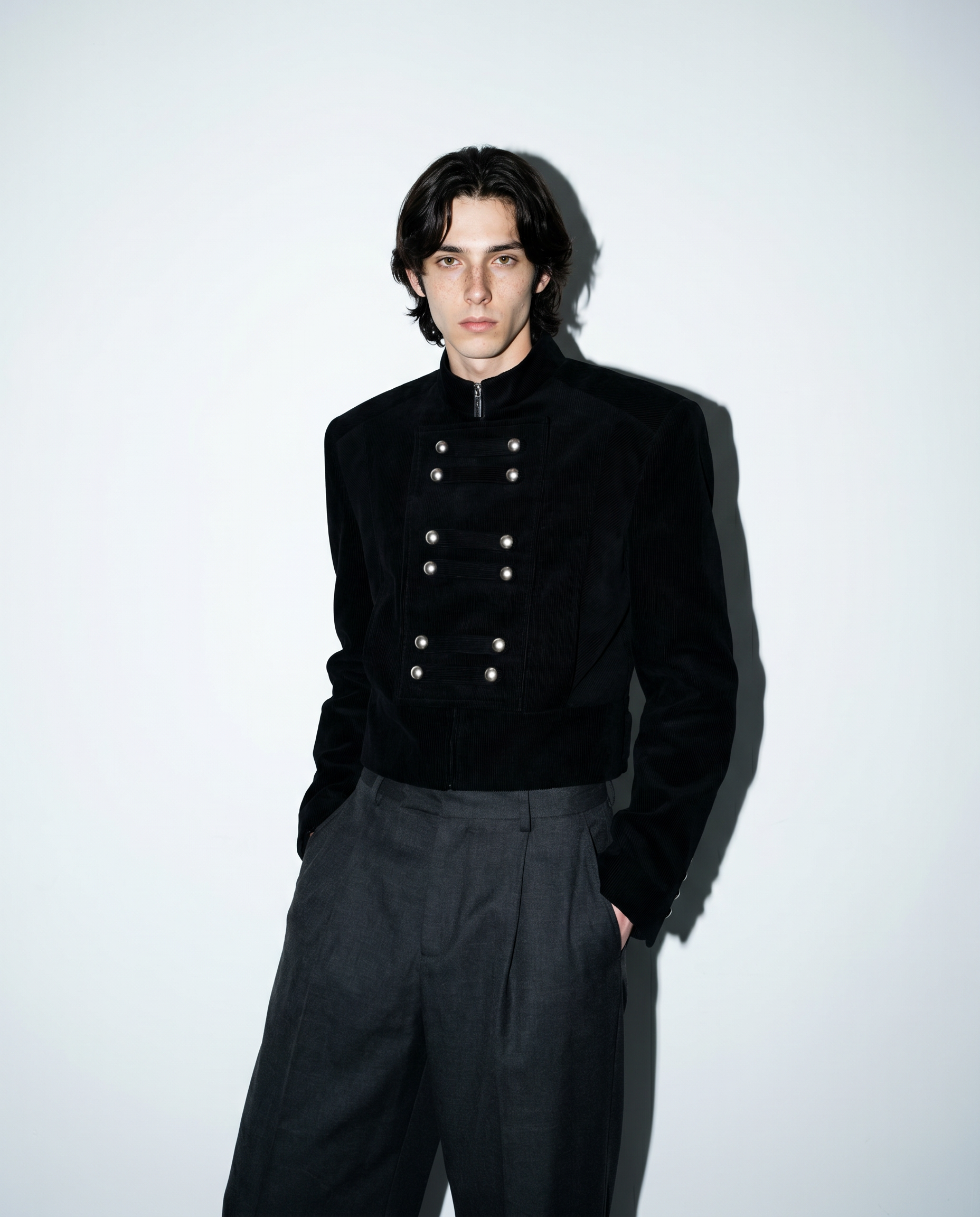 Military Button Cropped Corduroy Jacket-10