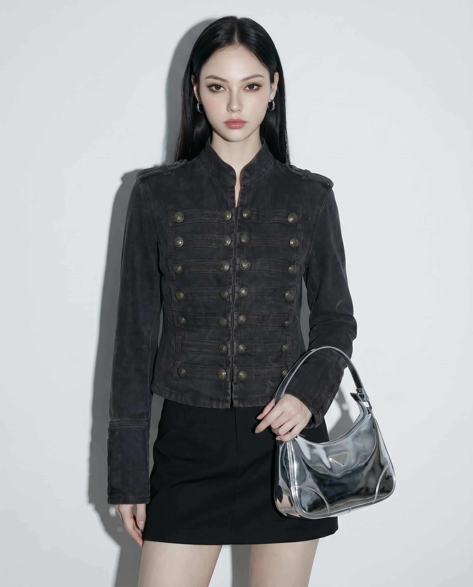 Military Denim Jacket with Epaulette Details-4