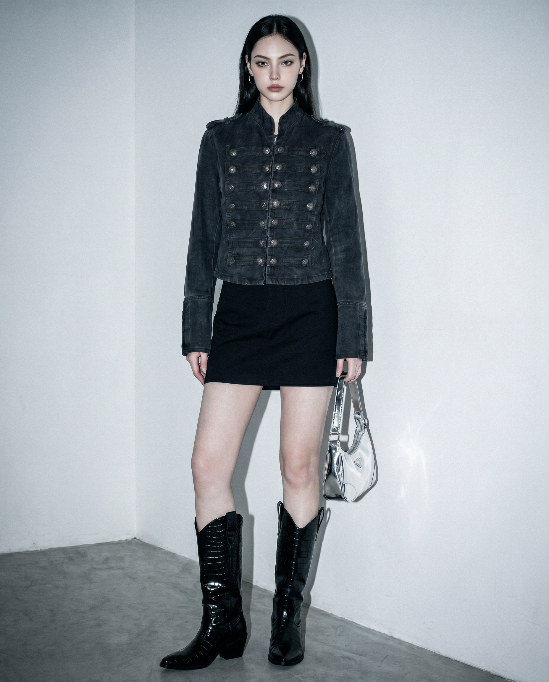 Military Denim Jacket with Epaulette Details-5