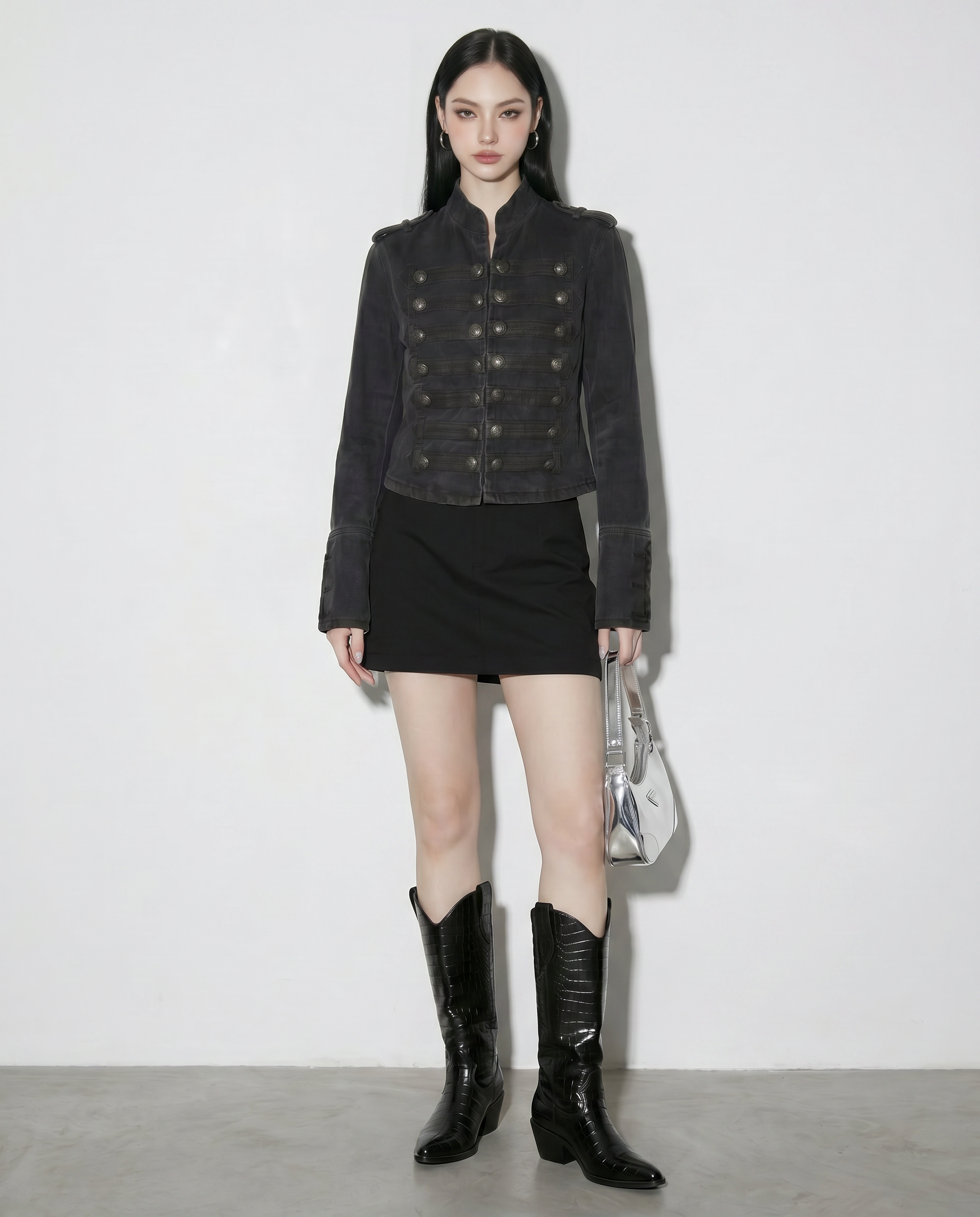 Military Denim Jacket with Epaulette Details-6