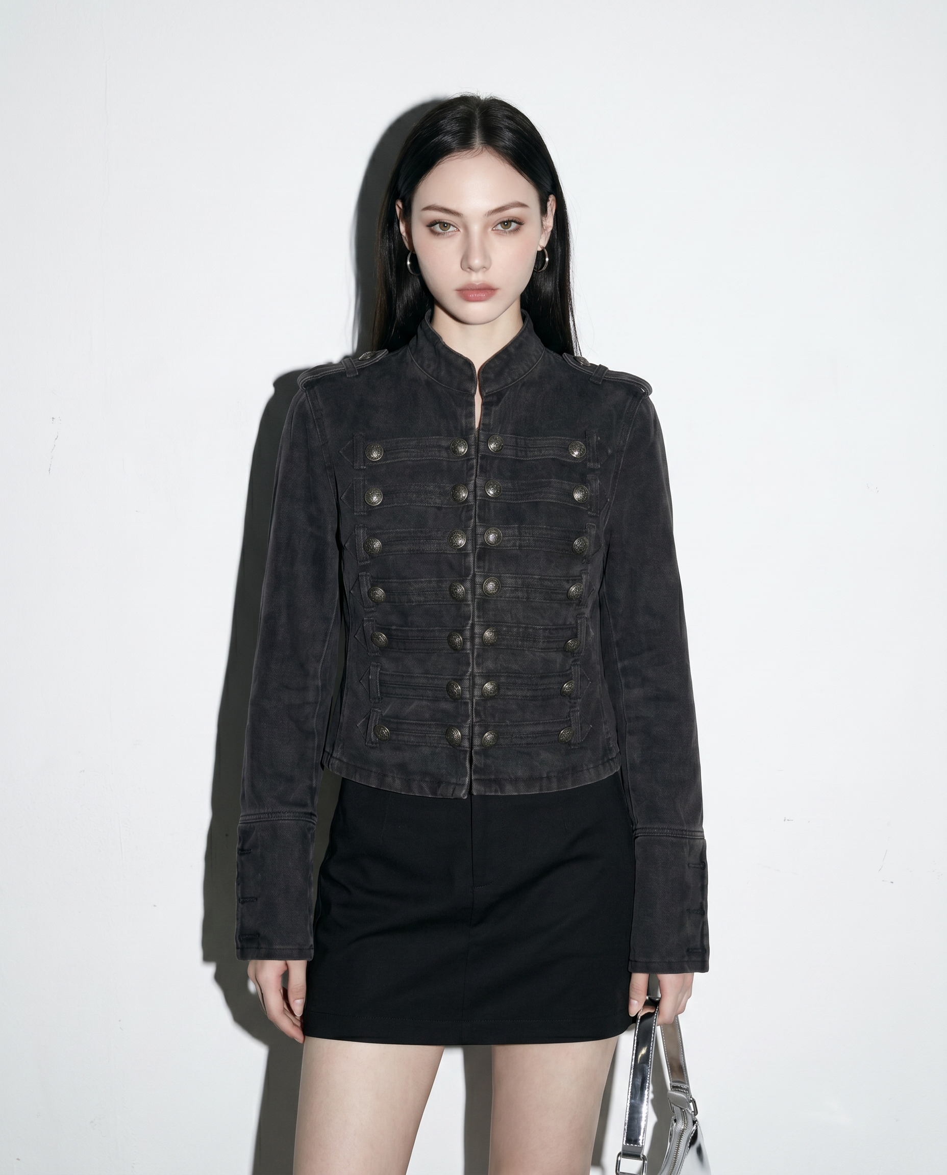 Military Denim Jacket with Epaulette Details-3