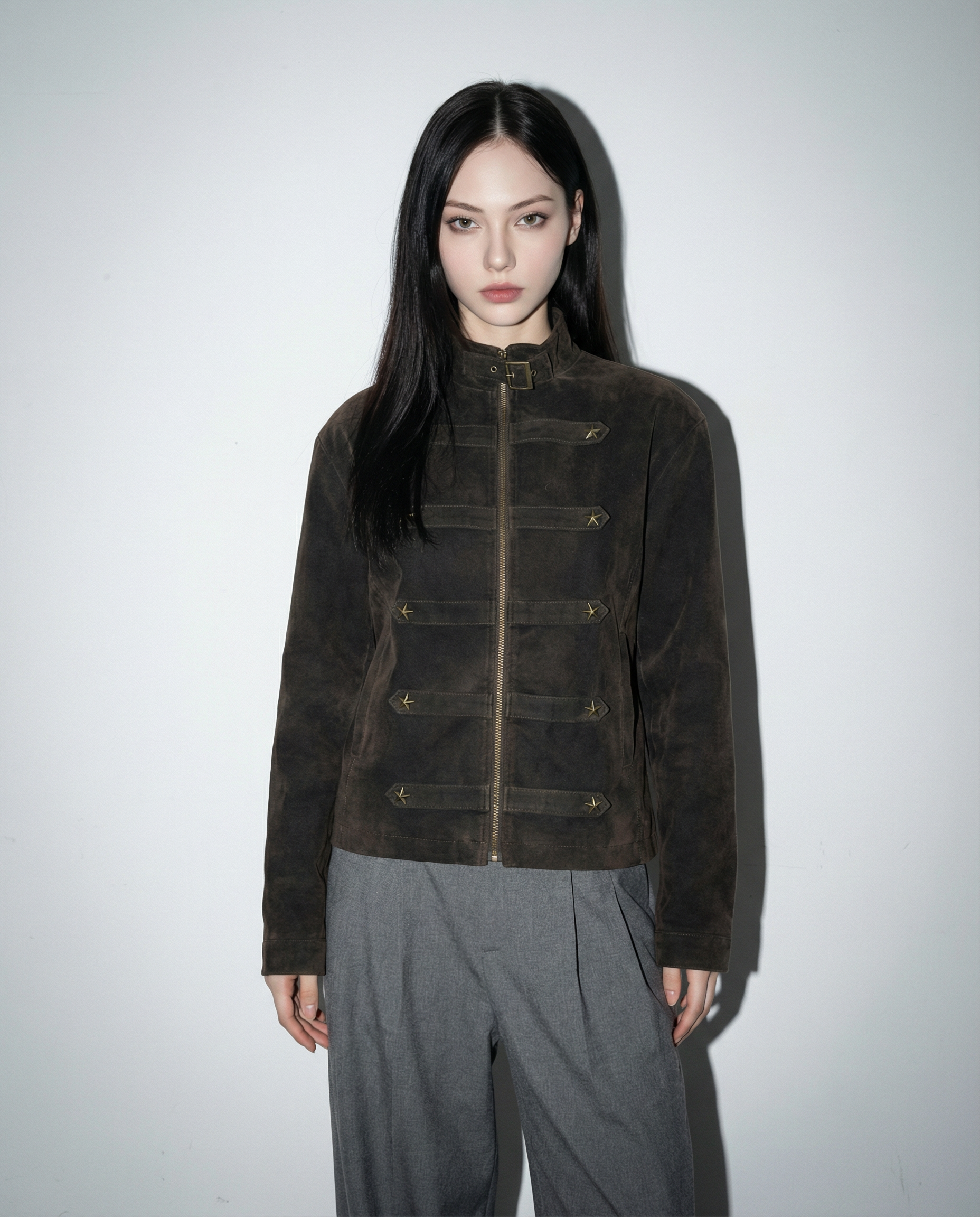 Mid Crop Military Zip Jacket with Star Studs - nightcity clothing