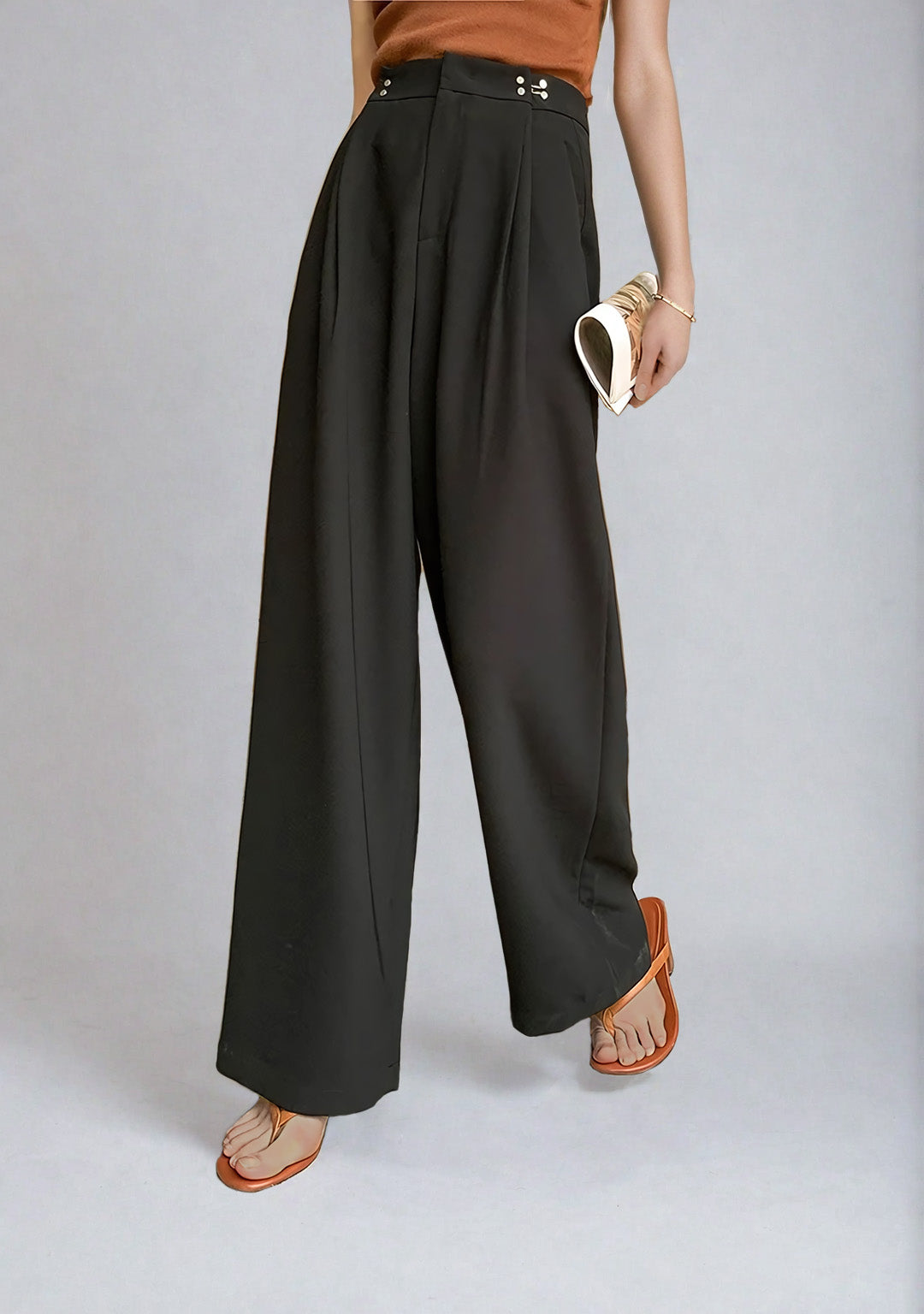 Wide Leg Silver Accent Button Detail Trousers