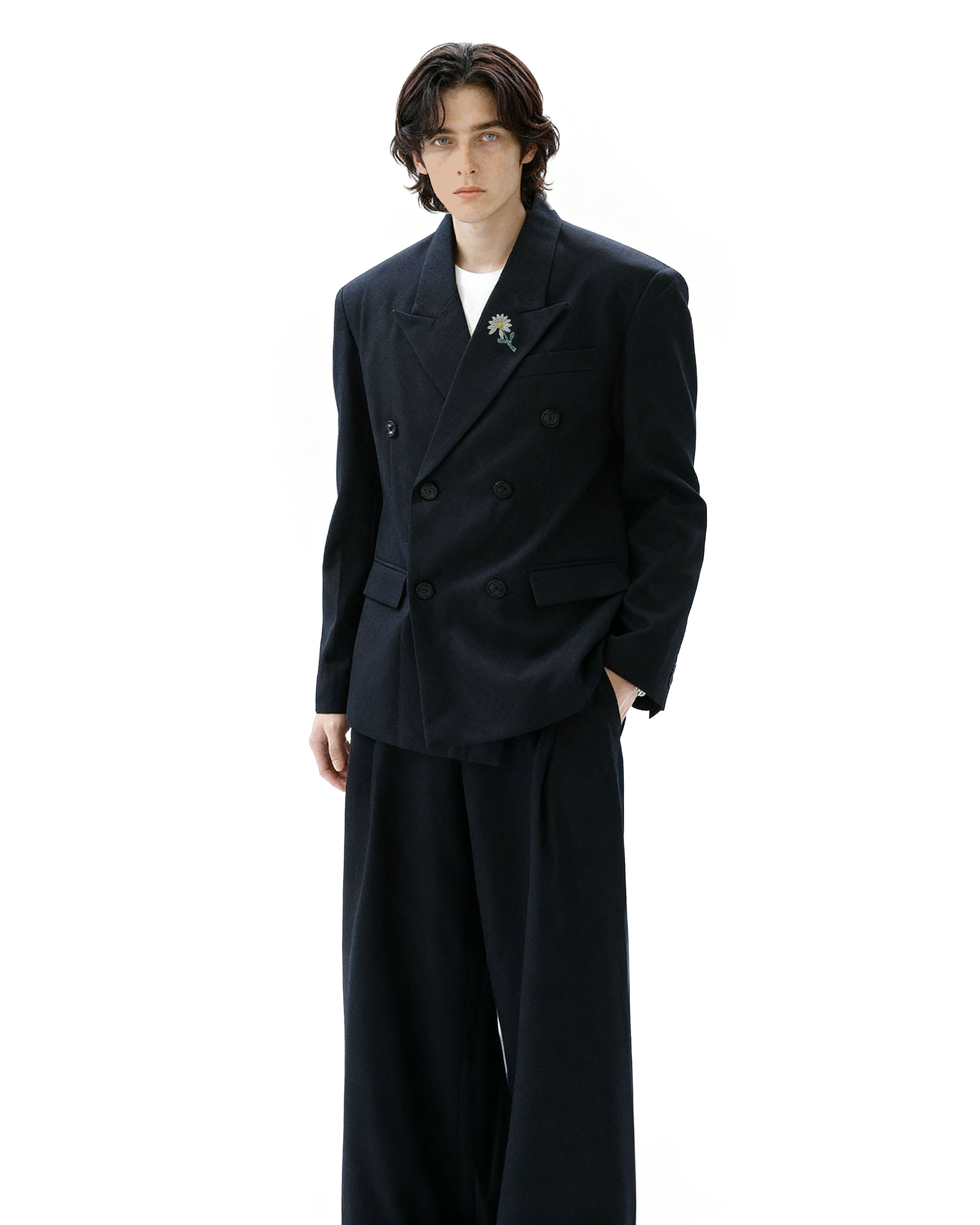 Oversized Double-Breasted Brooch Blazer and Wide-Leg Trousers Set