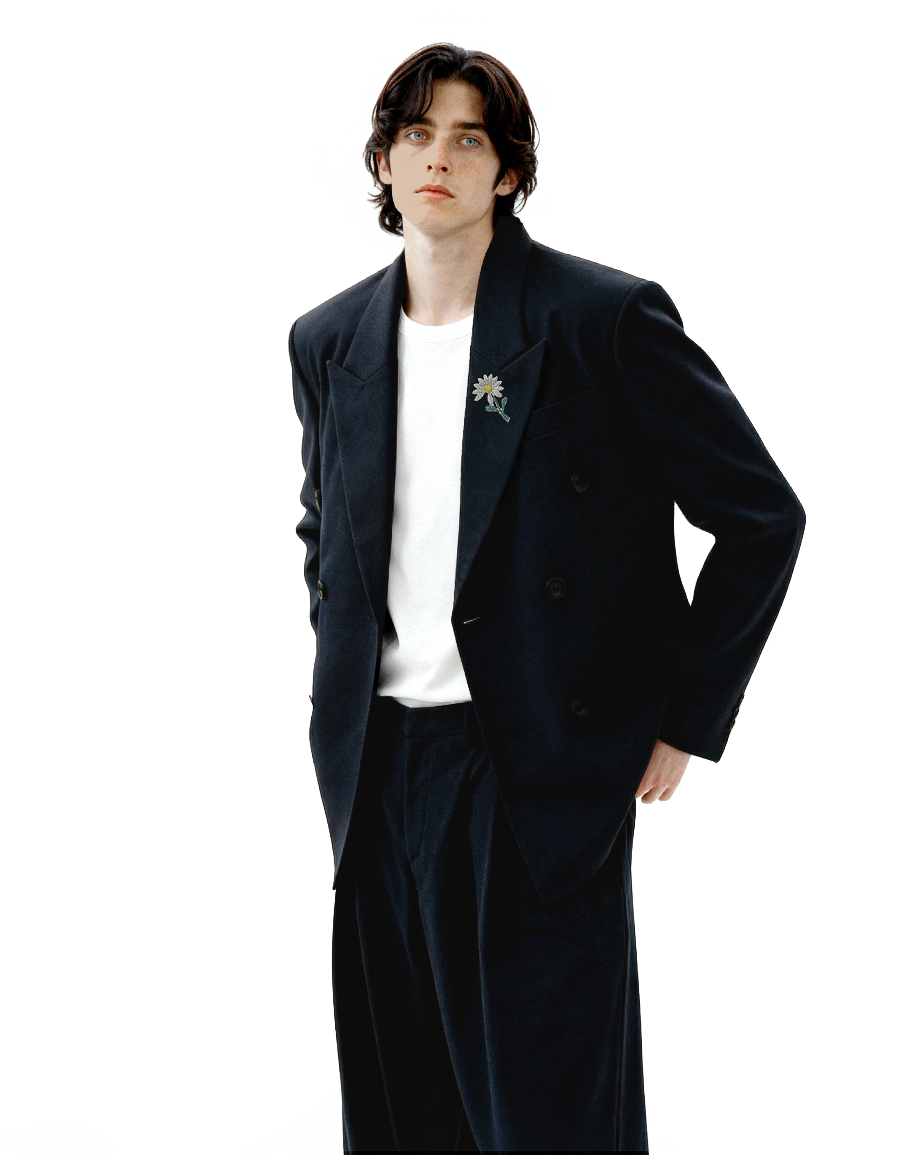 Oversized Double-Breasted Brooch Blazer and Wide-Leg Trousers Set