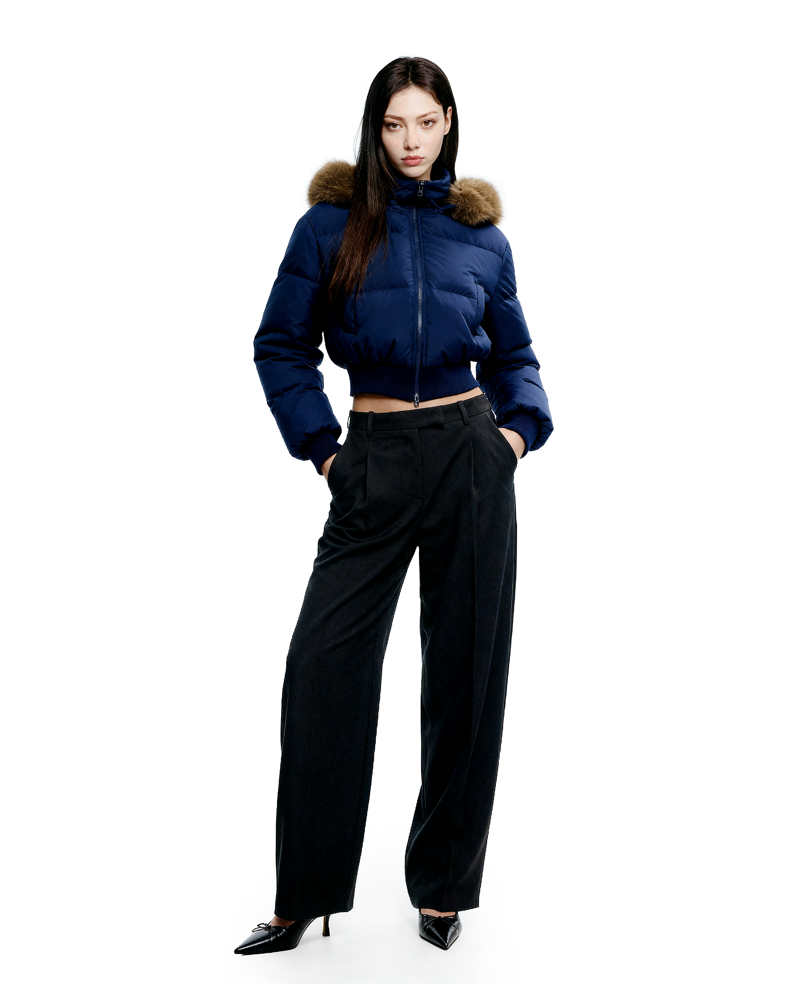 Crop Puffer Jacket with Detachable Faux Fur Hood Trim - nightcity clothing