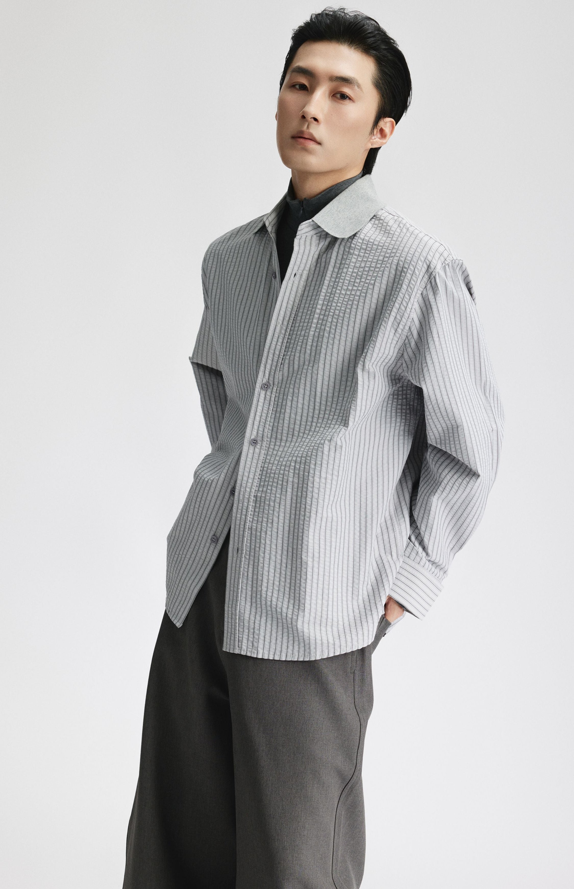 Contrast Collar Pinstripe Long Sleeve Button Shirt