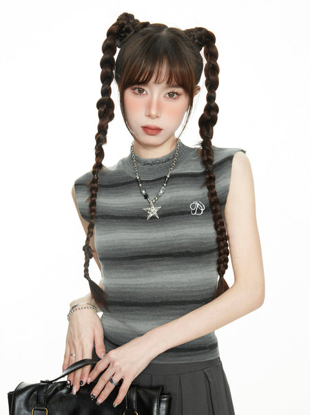 Stripe Semi High Neck Sleeveless Top