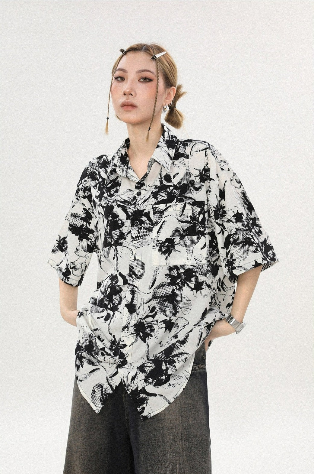 Abstract Print Oversized Button Shirt