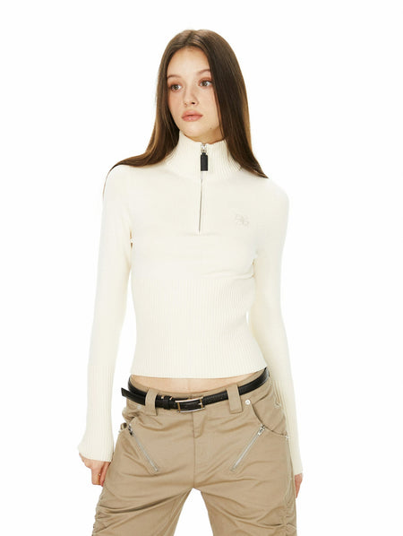 Skinny Ribbed Quarter Zip-Up Turtleneck Sweater - nightcity clothing