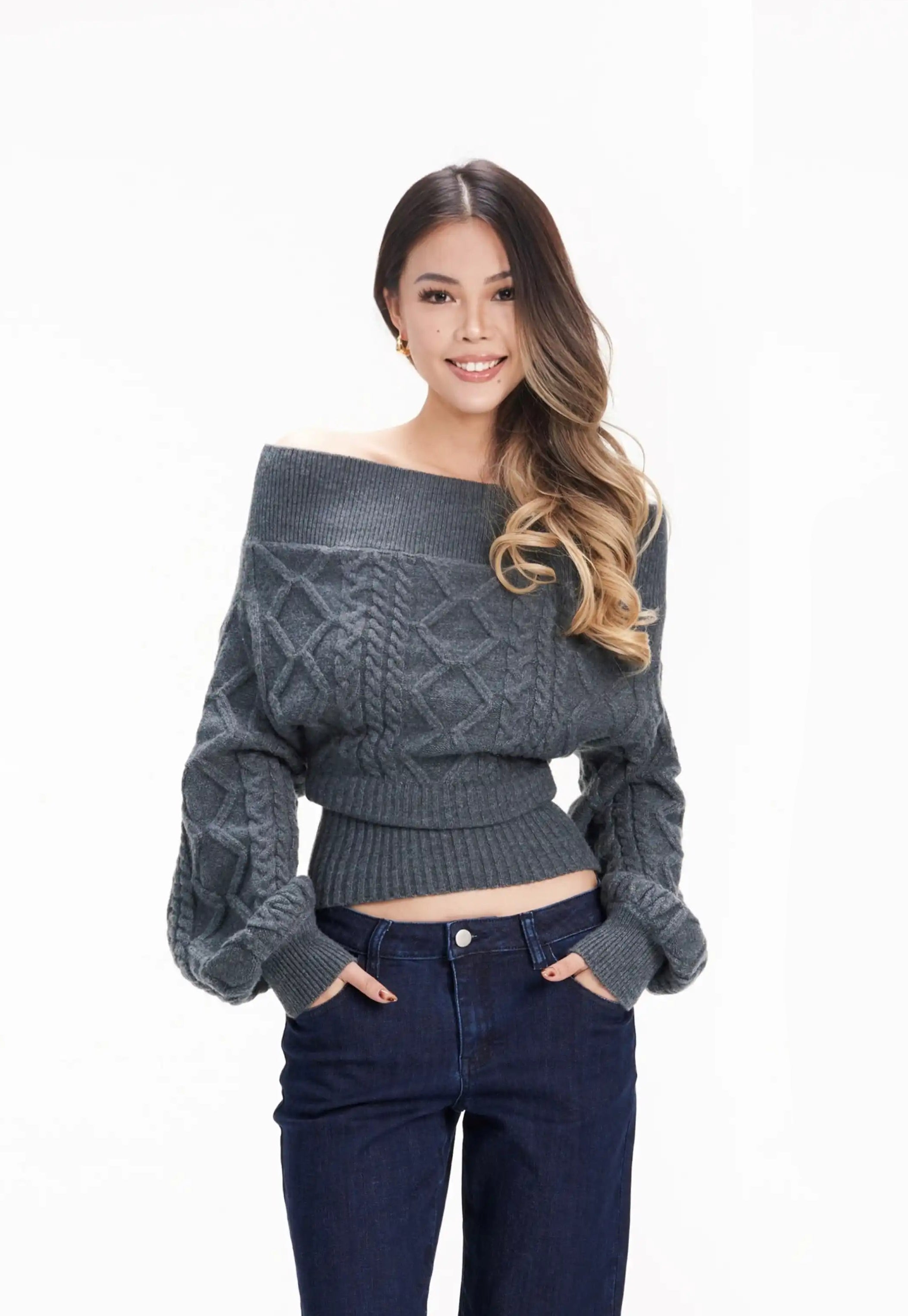 Off Shoulder Cable Knit Cropped Cinched-Waist Sweater