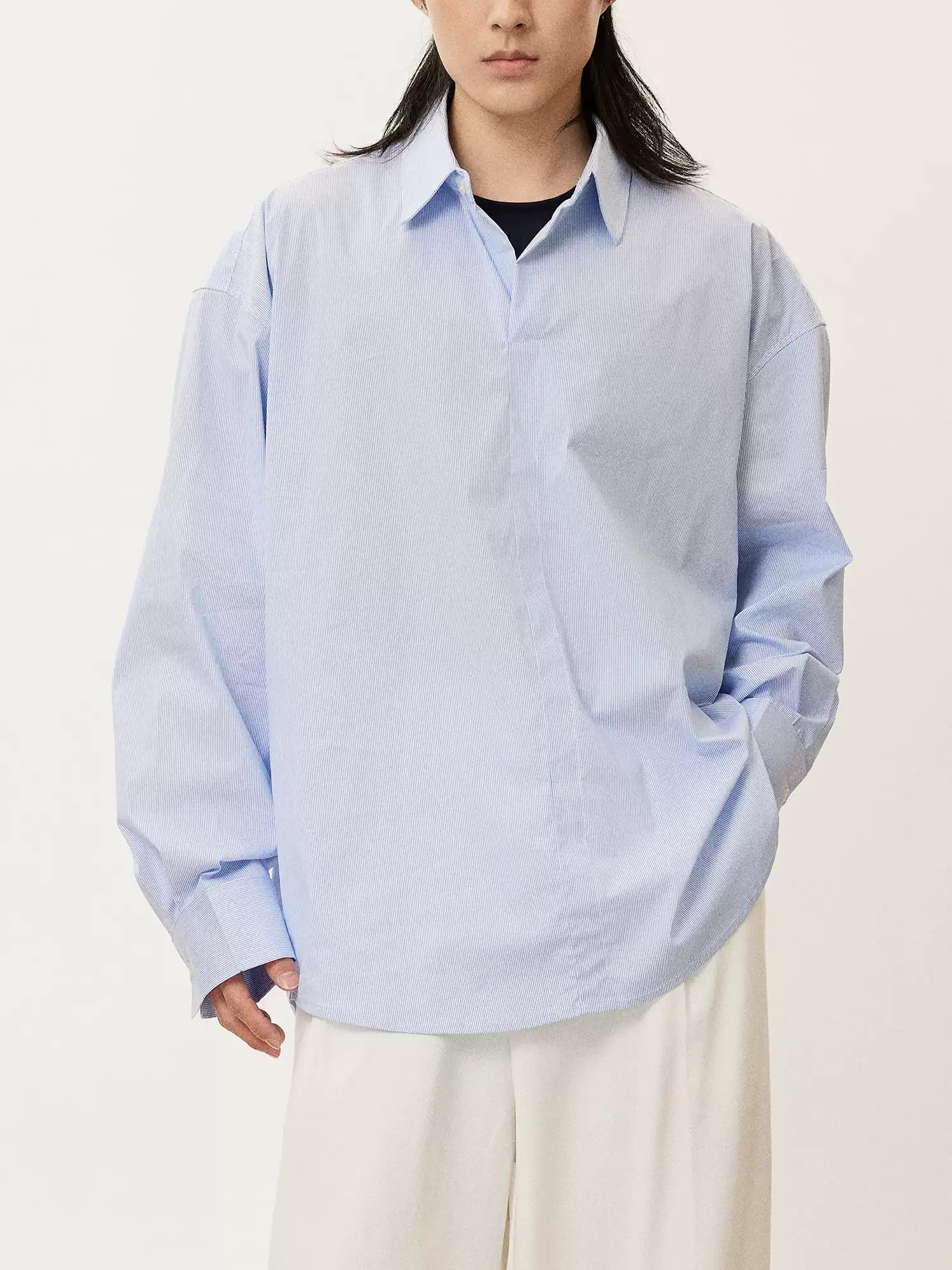Oversized Retro Pinstripe V-Neck Long Sleeve Shirt