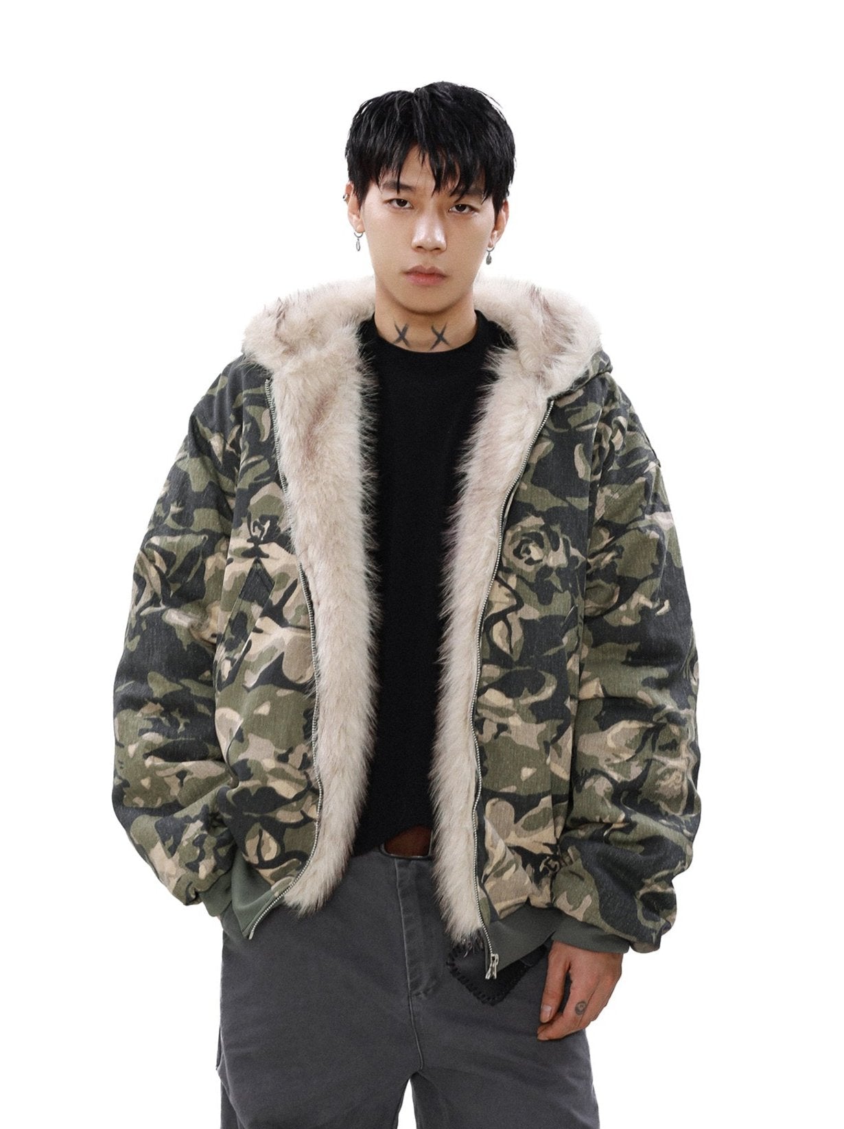 Faux Fur Line Camo Hooded Bomber Jacket