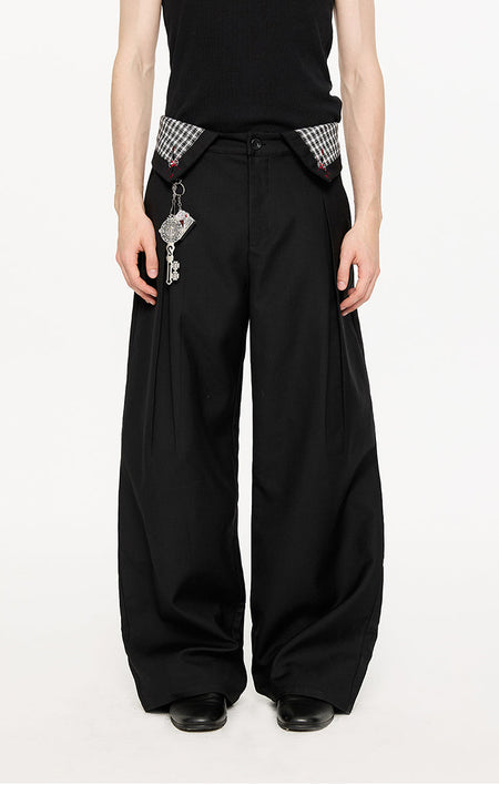 Fold-Over Plaid Pattern Waist Pleated Pants - nightcity clothing