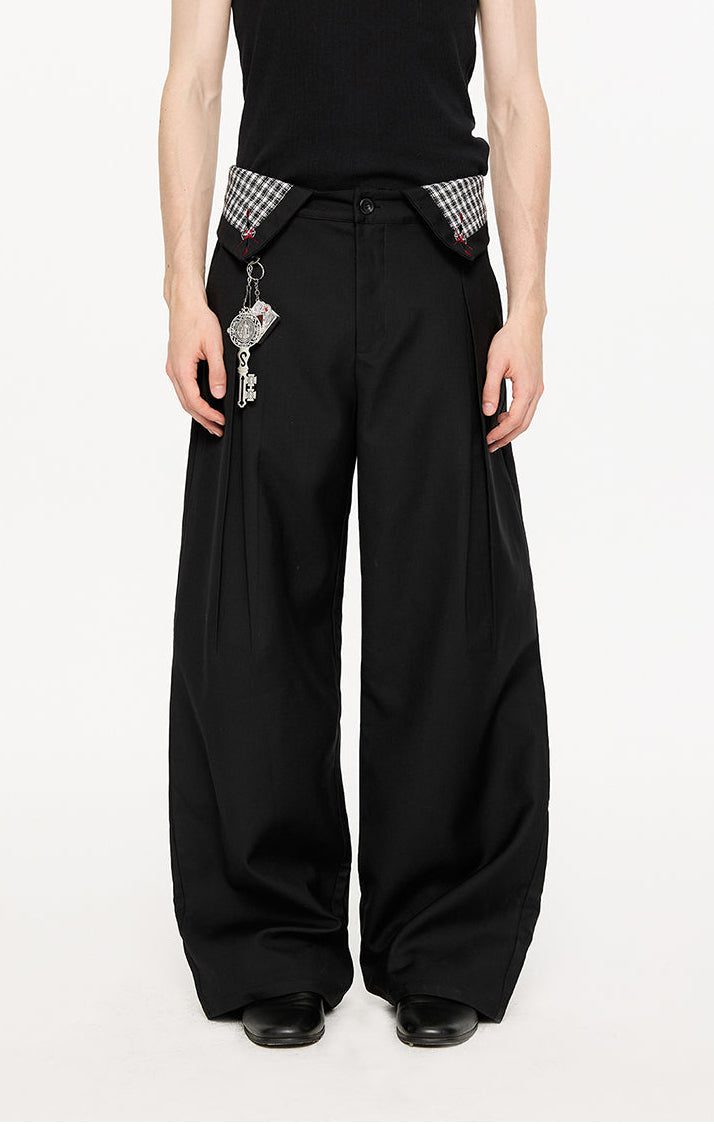 Fold-Over Plaid Pattern Waist Pleated Pants