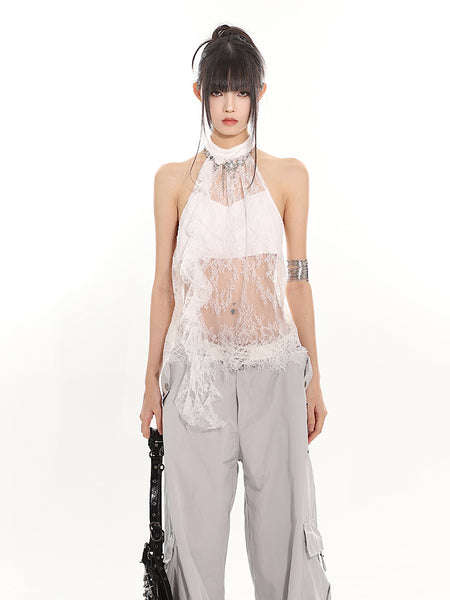 Sleeveless Lace Halter Neck Crop Top