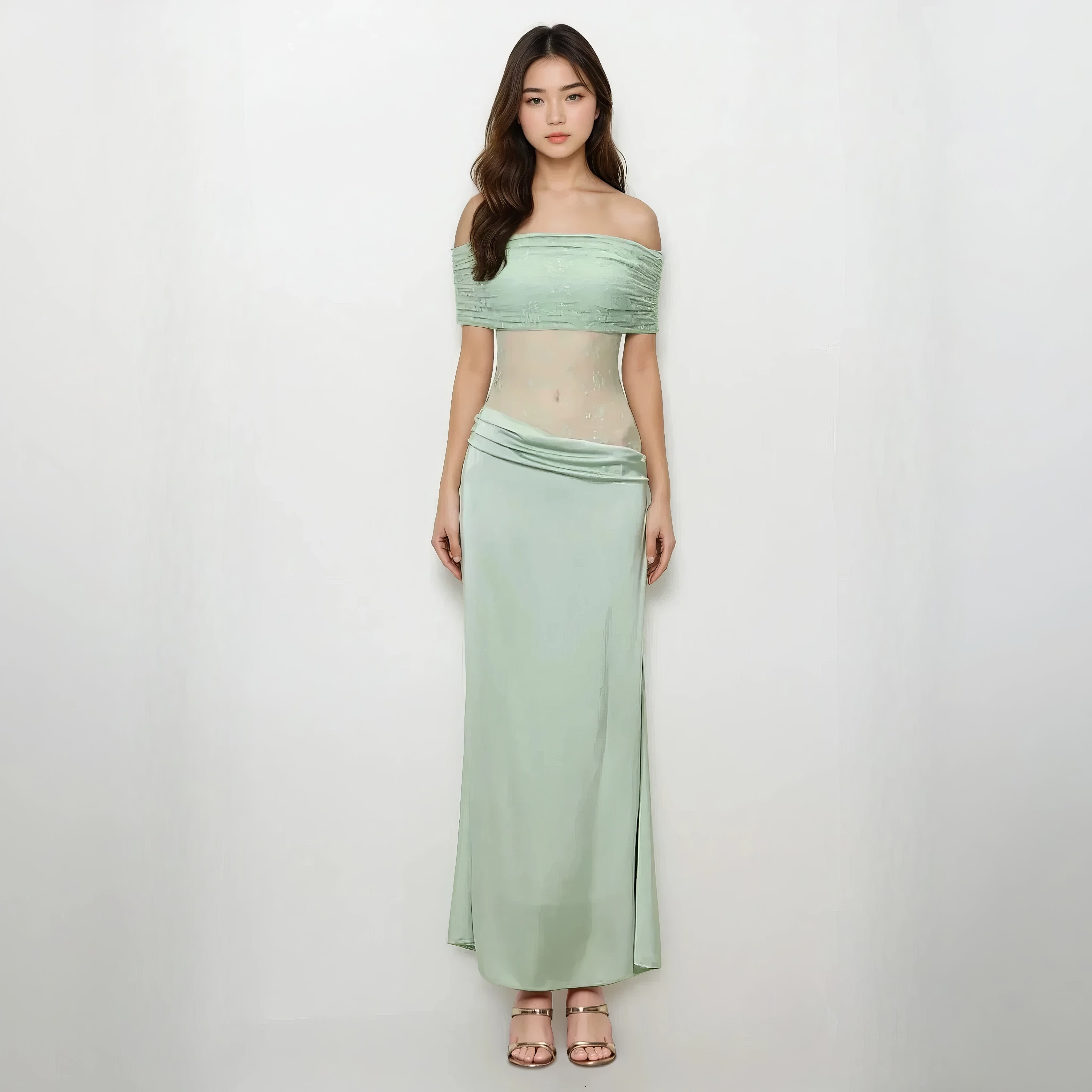 Off Shoulder Sheer Mesh Bodycon Maxi Dress