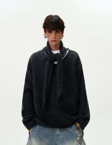 Brushed Knit Sweater with Attached Scarf Detail