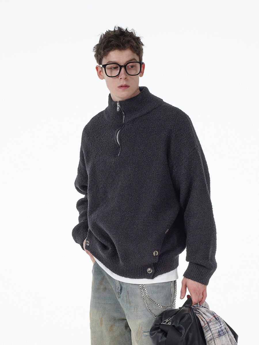 Textured Fleece Half-Zip Pullover with Button Detail