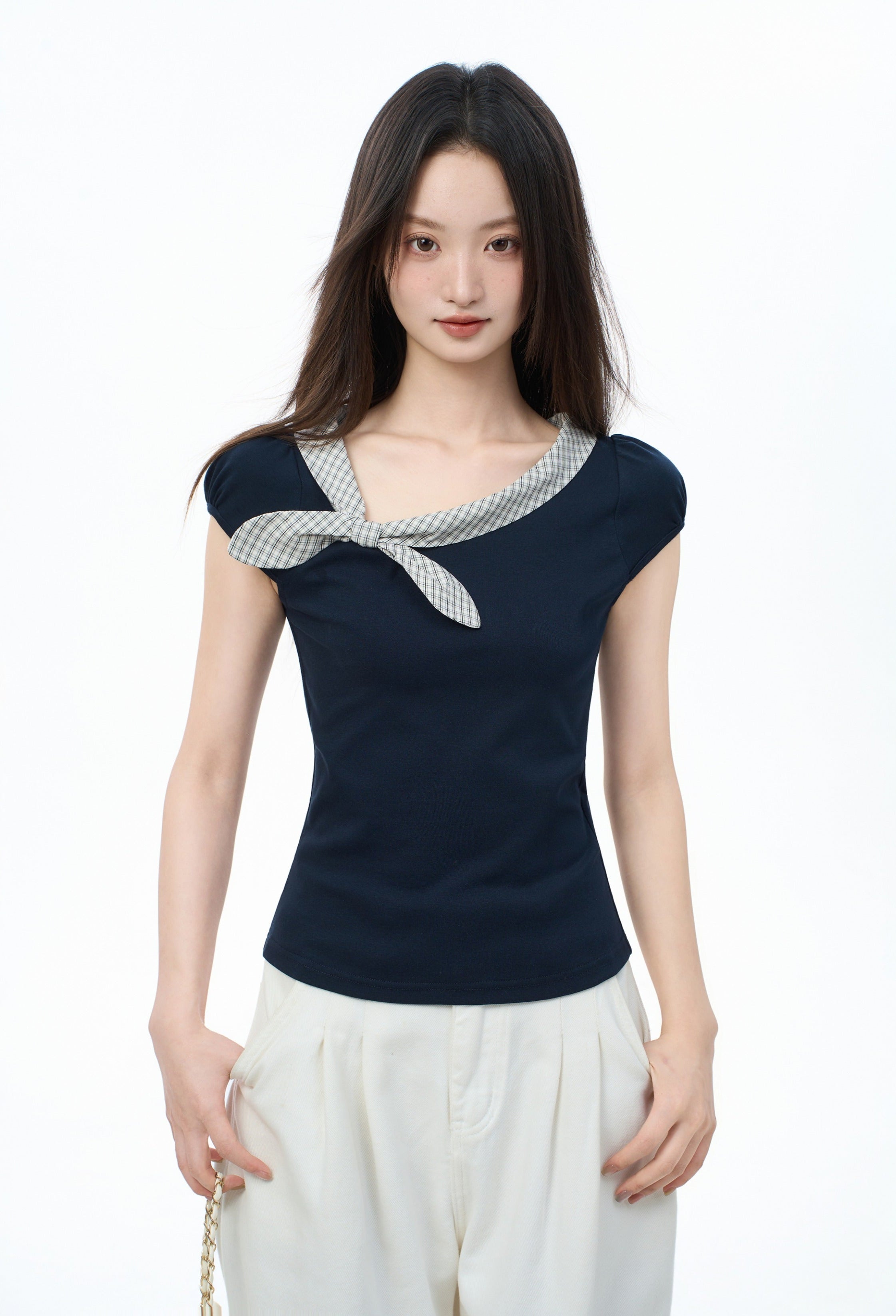 Asymmetric Checker Collar Cap Sleeve Top