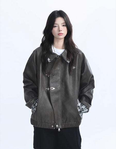Plaid Trim Faux Leather Jacket with Fireman Buckle Detail