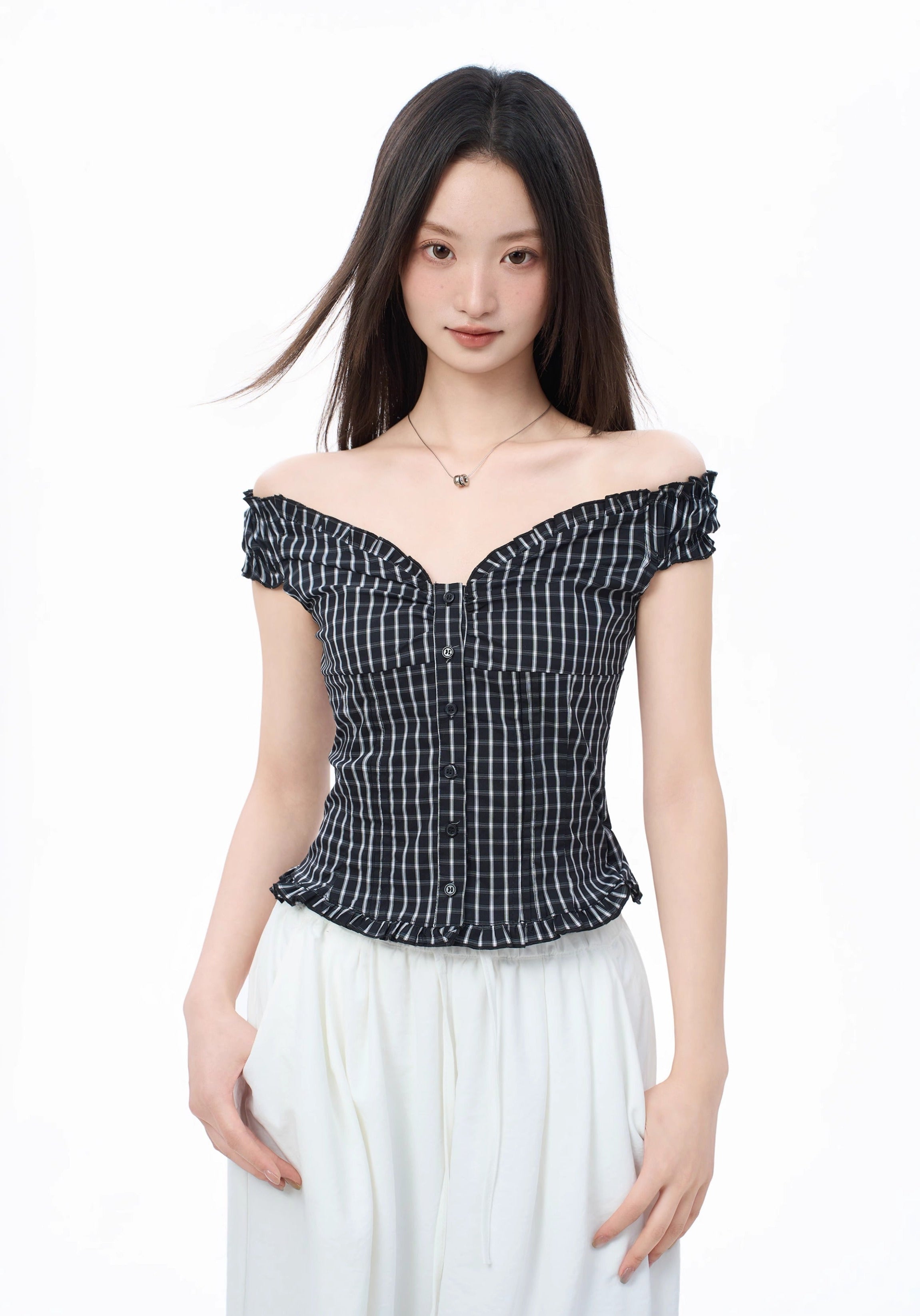 Off-Shoulder Plaid Top with Front Buttons and Ruffle Edges