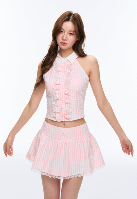 Stripe Ruffle Sleeveless Crop Top and Lace Trim Mini Skirt Two-Piece Set - nightcity clothing