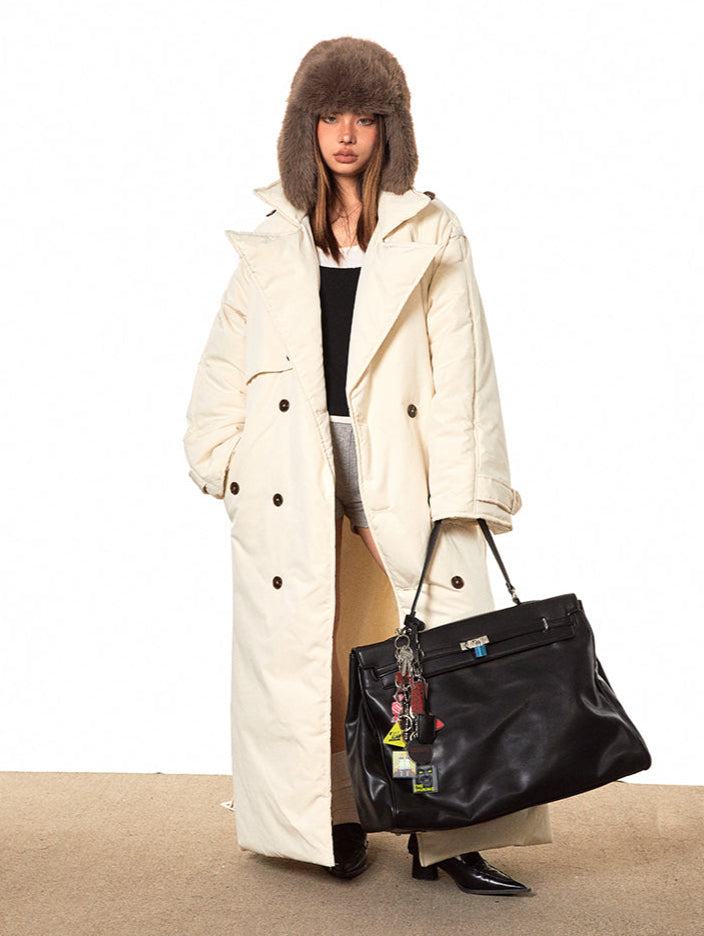 Double Breasted Puffer Long Line Coat with Belt