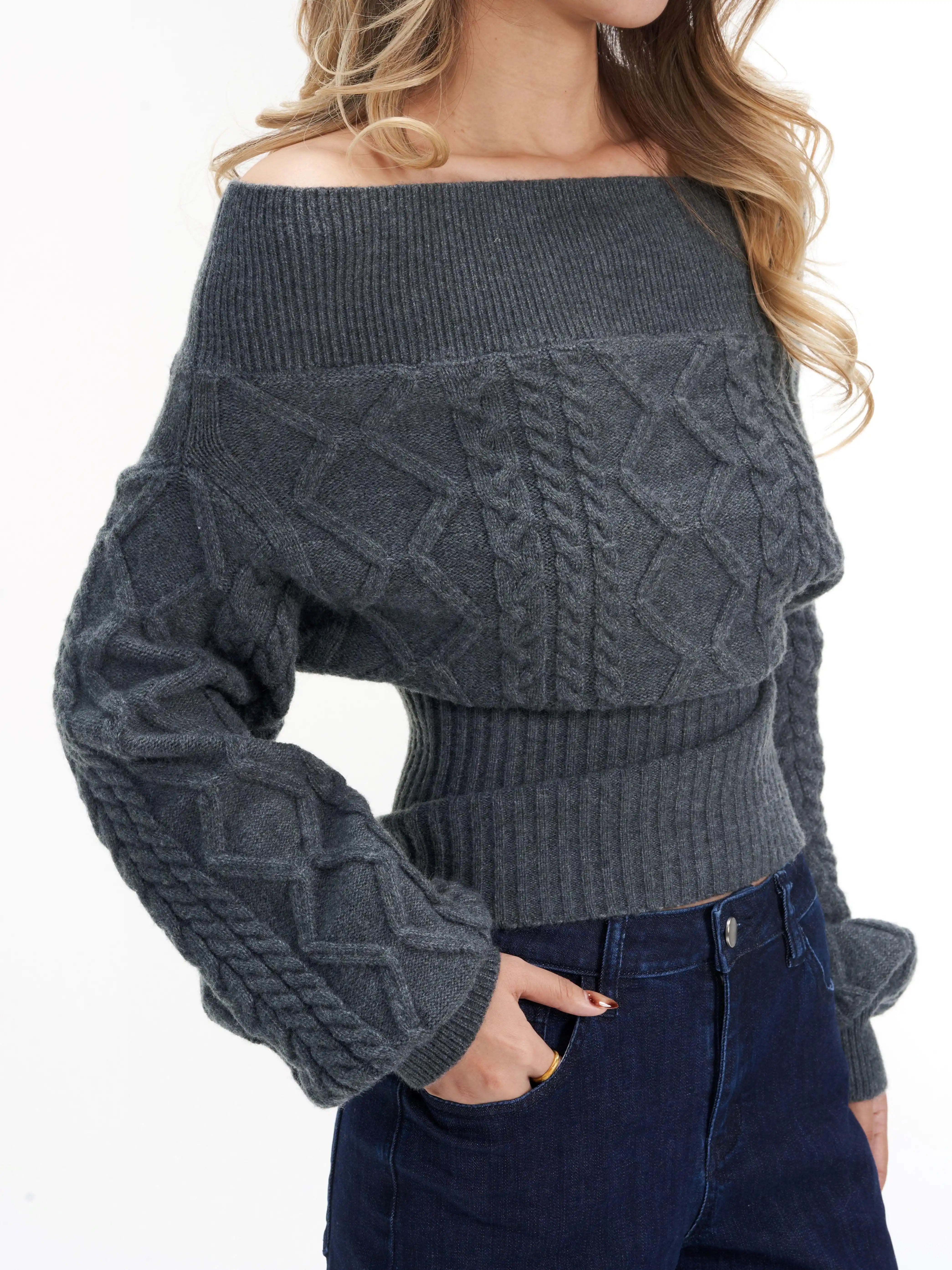 Off Shoulder Cable Knit Cropped Cinched-Waist Sweater