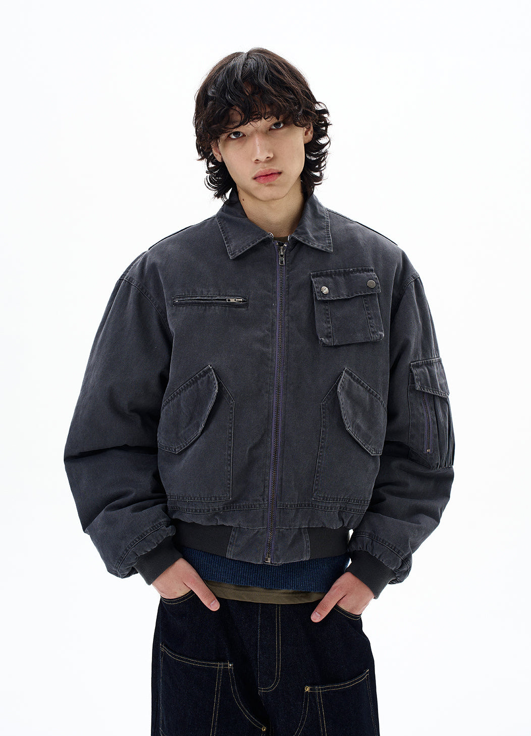 Faux Shearling Collar Worker Bomber Jacket
