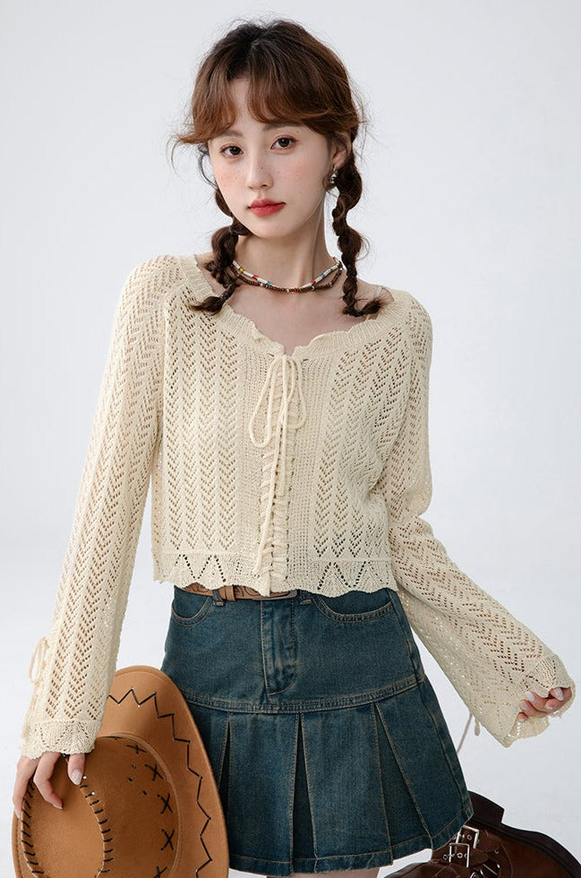 Open Knit Cropped Cardigan with Drawstrings