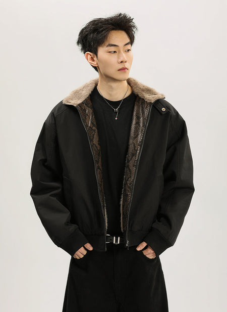 Faux Fur Lined Bomber Jacket with Snakeskin Detail