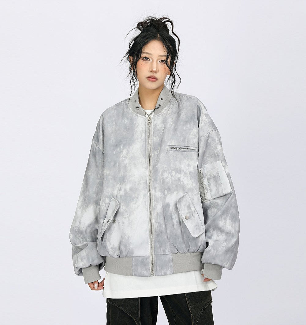 Oversized Acid Wash Bomber Jacket with Snap Button Pockets