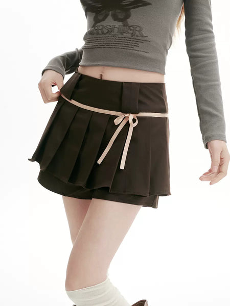 Pleated Tennis Mini Skirt with Bow-Knot Drawstring Waist
