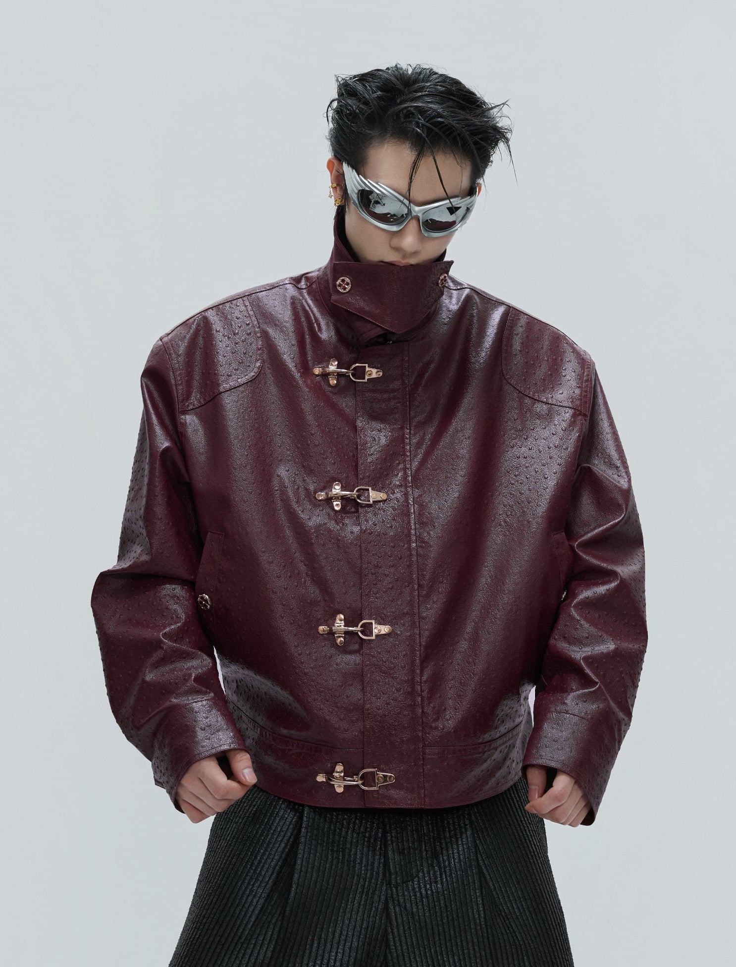 Faux Leather Textured Fireman-Clasp Boxy Jacket - nightcity clothing